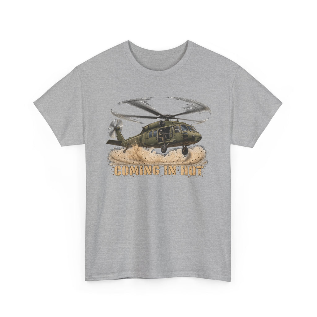 Heather gray crewneck T-shirt with helicopter graphic print