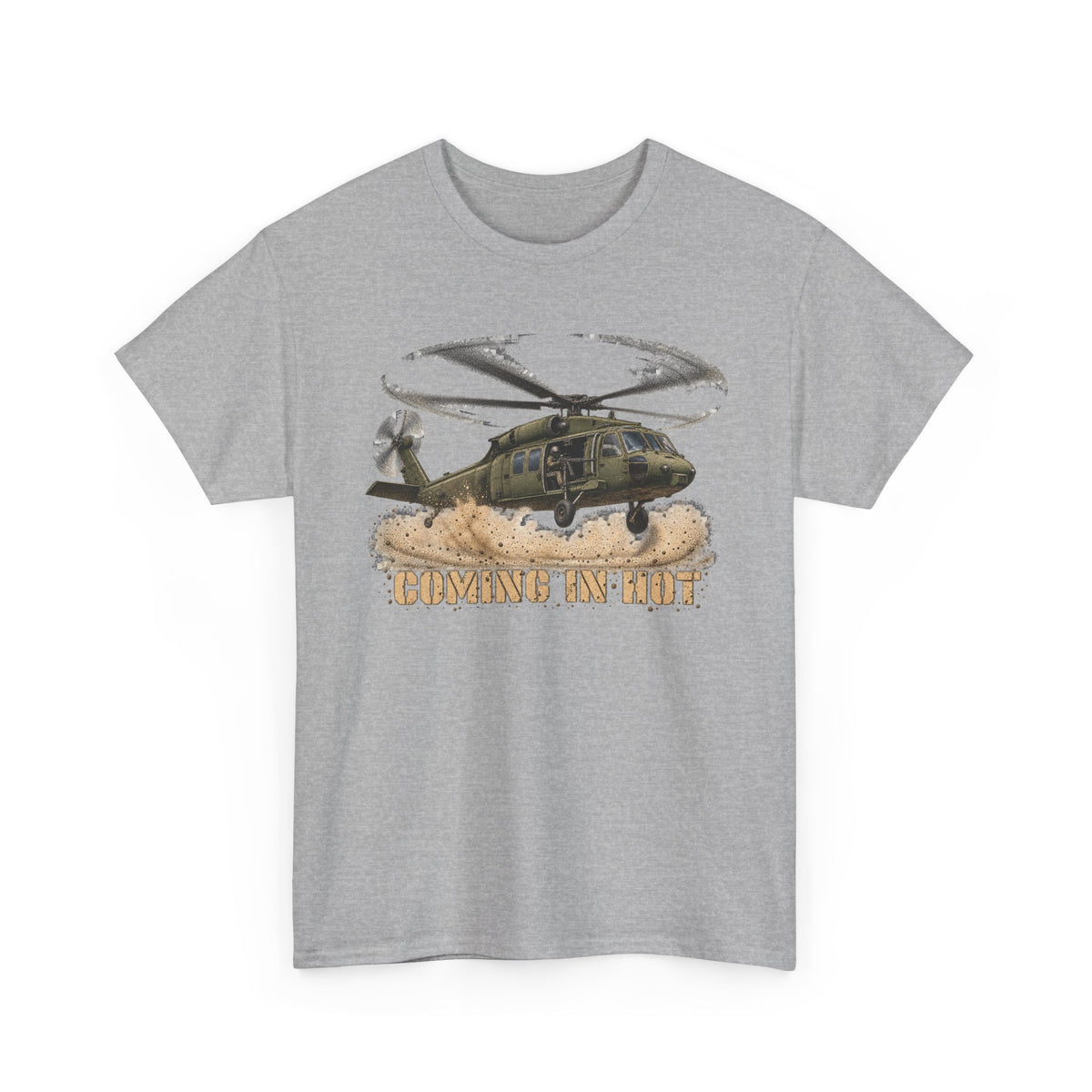 Heather gray crewneck T-shirt with helicopter graphic print