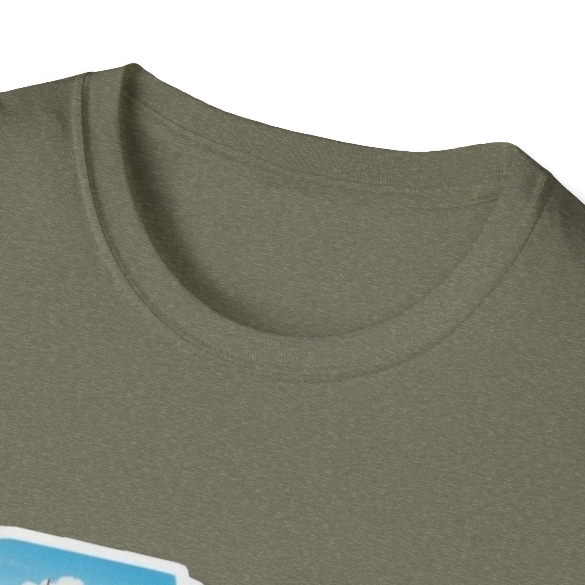 South Carolina skyline T-shirt, Heather Military Green; crew neck close-up, partial print.