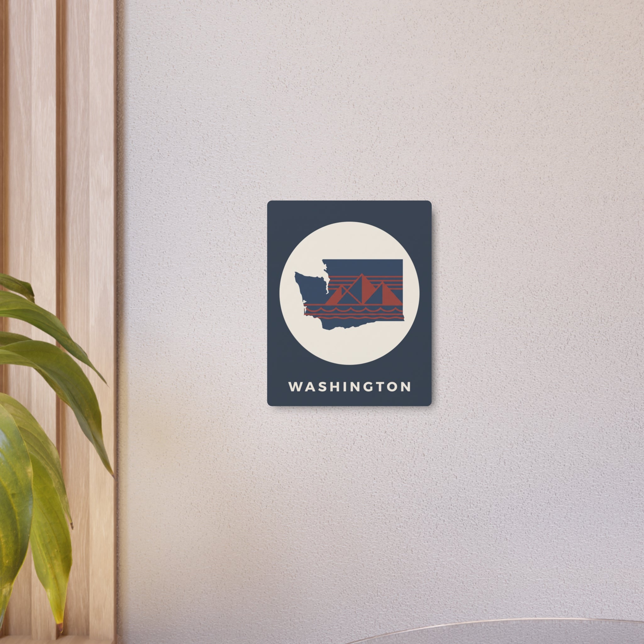 Small square nautical metal wall art sign with Washington silhouette, sailboat and waves