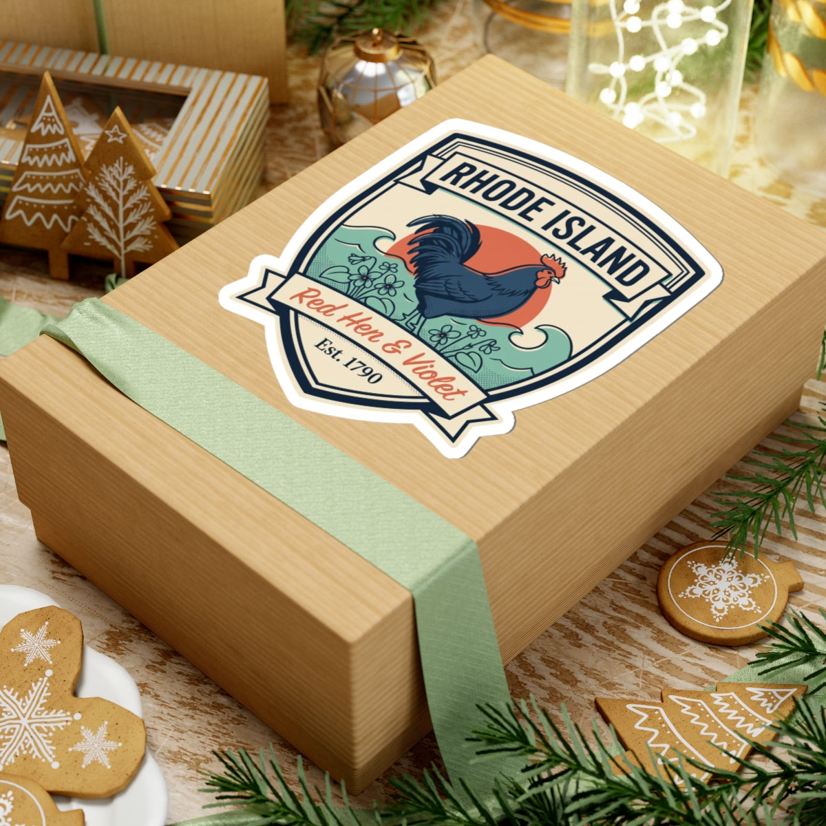 Rhode Island badge sticker centered on gift box top