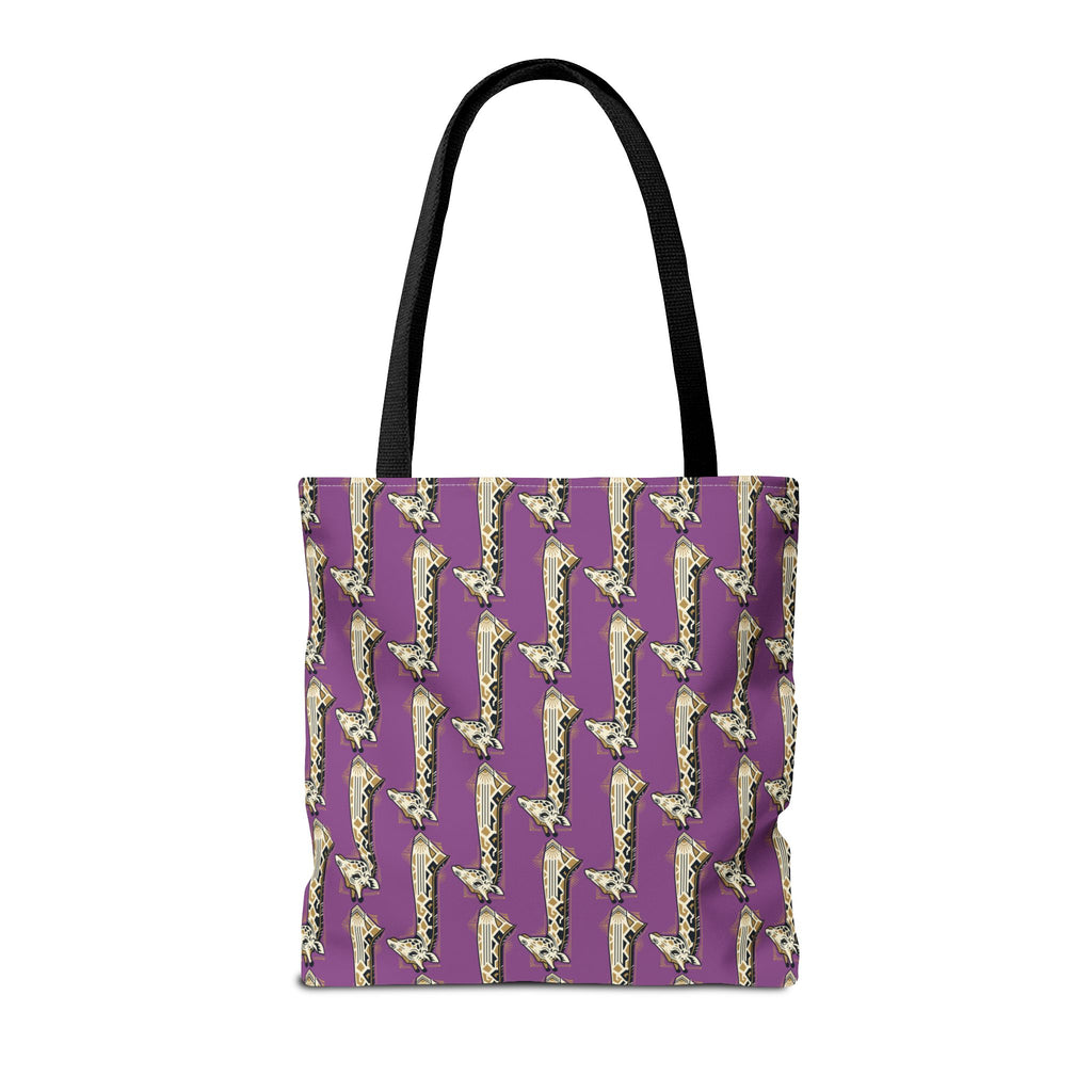 Purple tote bag with repeating saxophone pattern, black handles