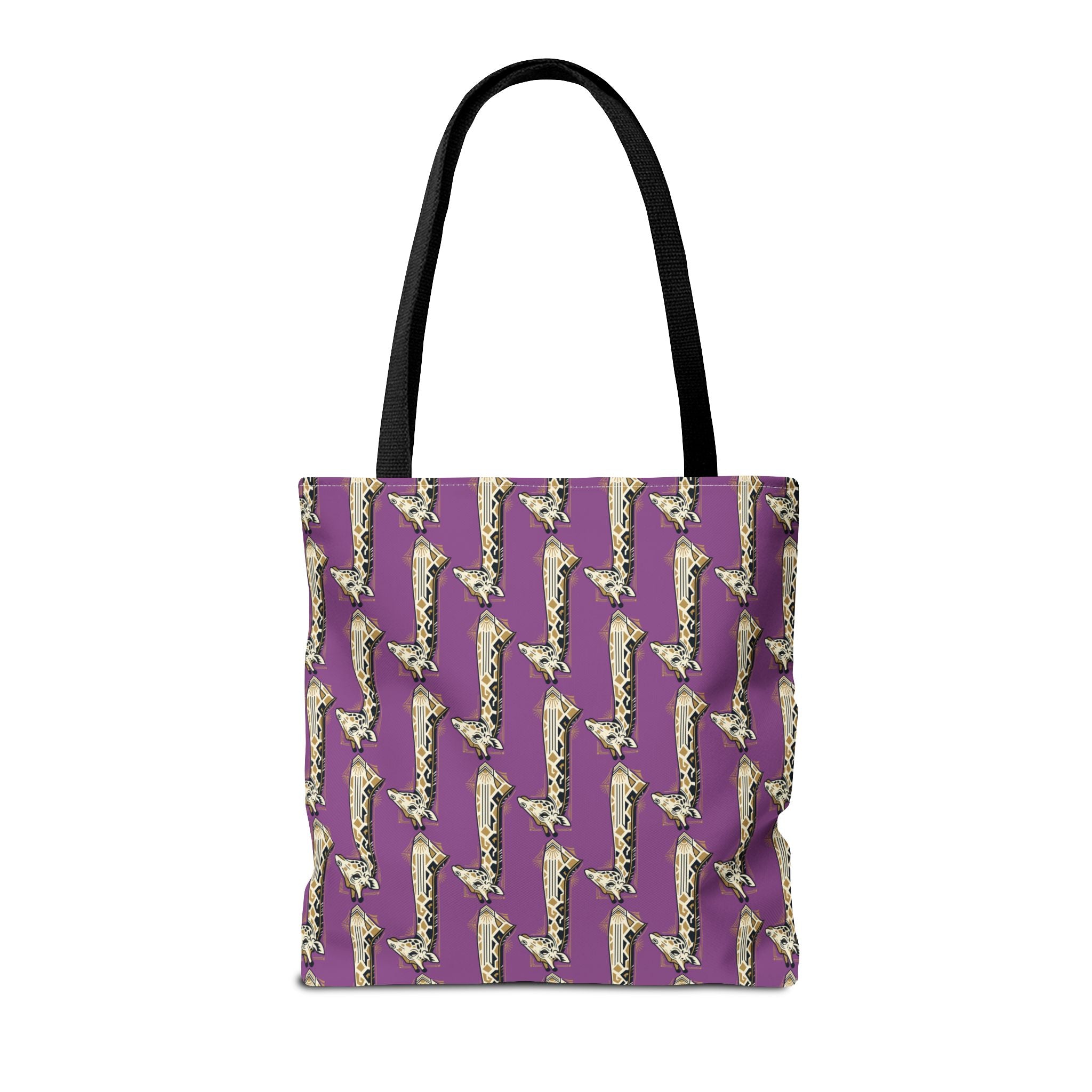 Purple tote bag with repeating saxophone pattern, black handles