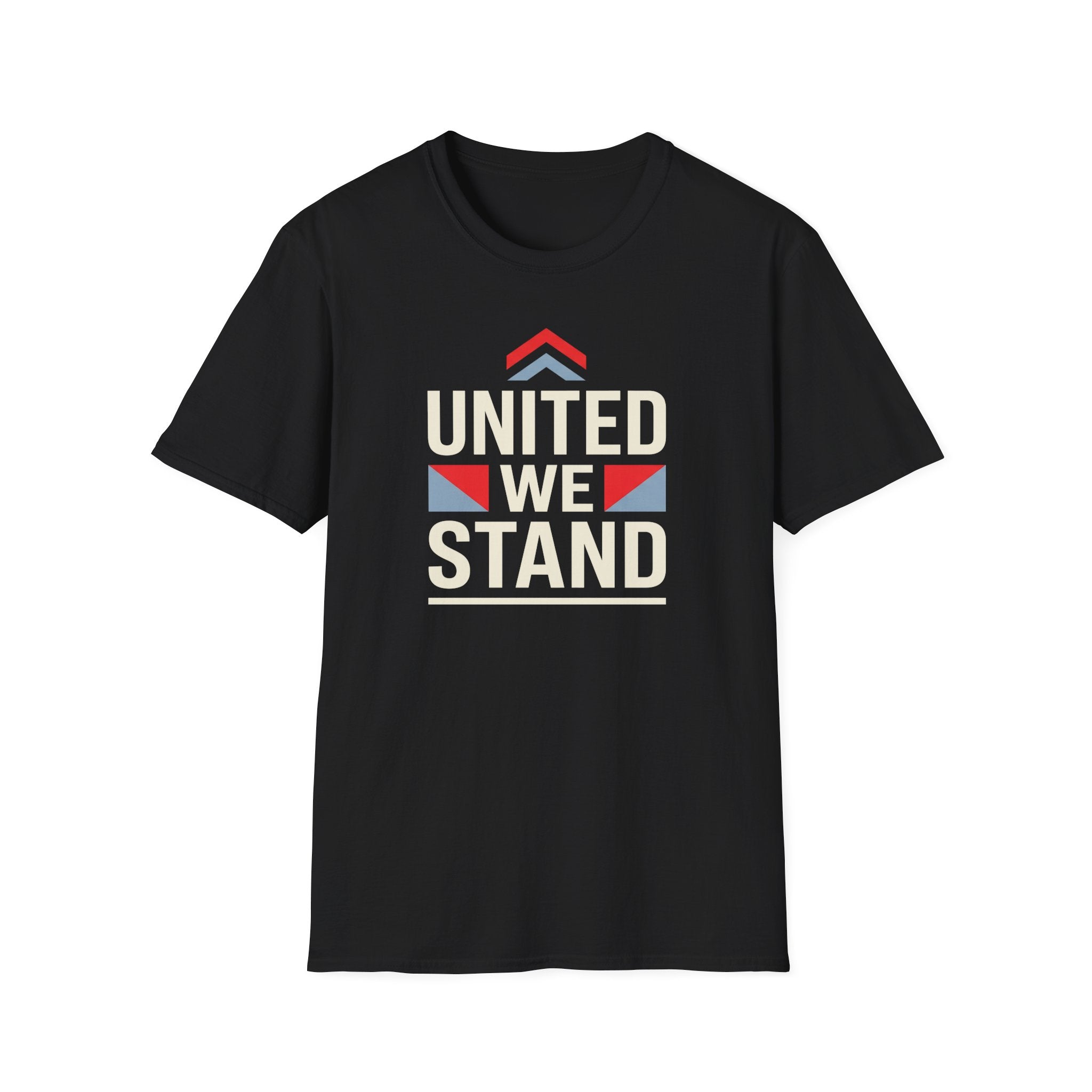 Black crewneck T-shirt with “UNITED WE STAND” graphic centered on the front