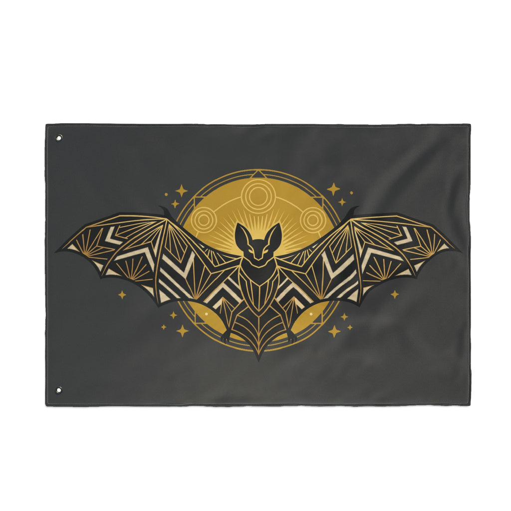 Rectangular bat banner flag with gold art deco moon and bat emblem on dark fabric