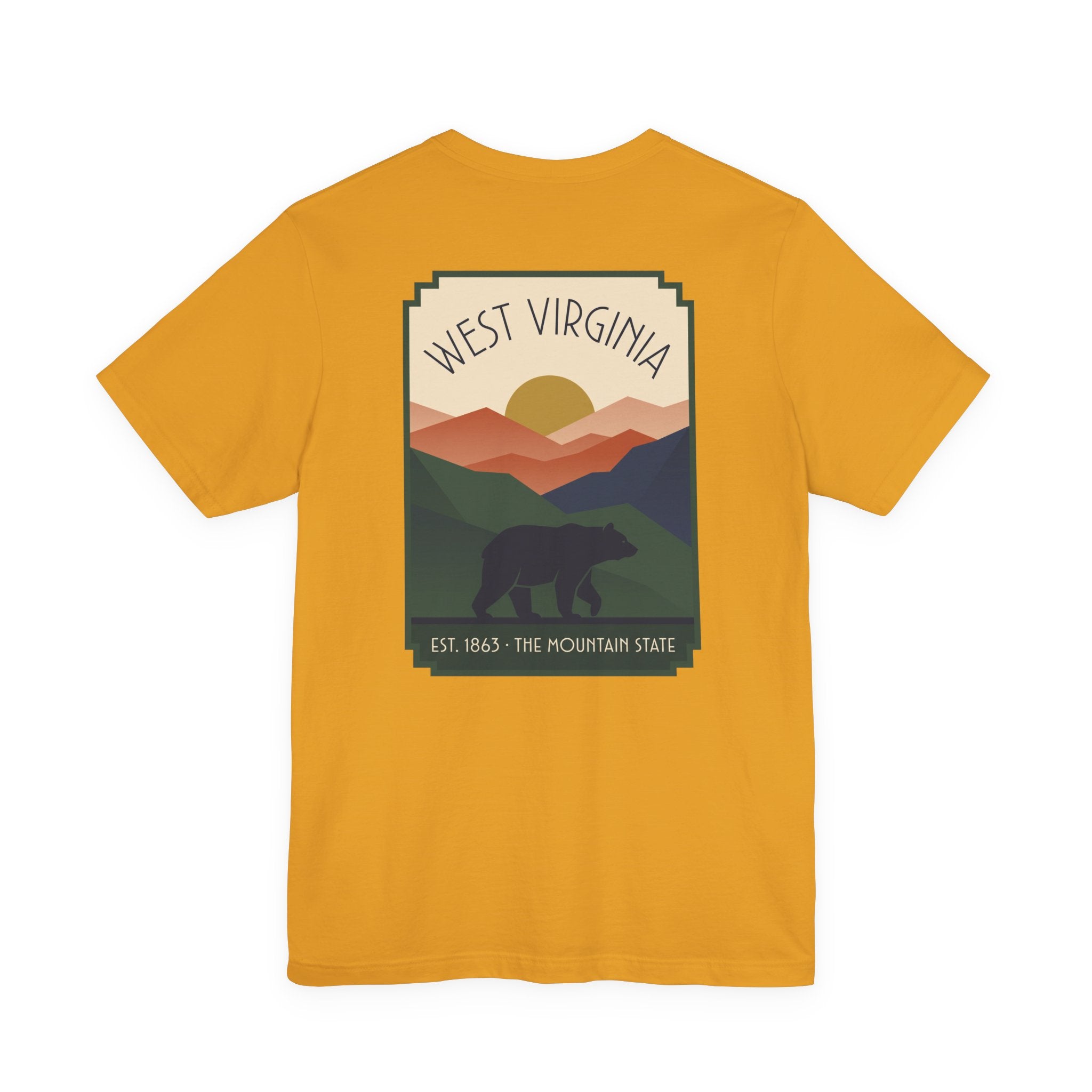 Mustard yellow T-shirt with West Virginia bear and mountain graphic on the front.