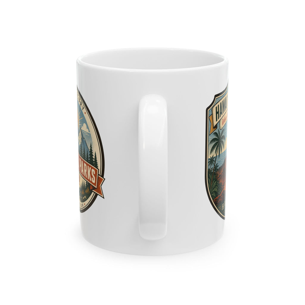 White ceramic mug with Hawaii Volcanoes graphic and handle