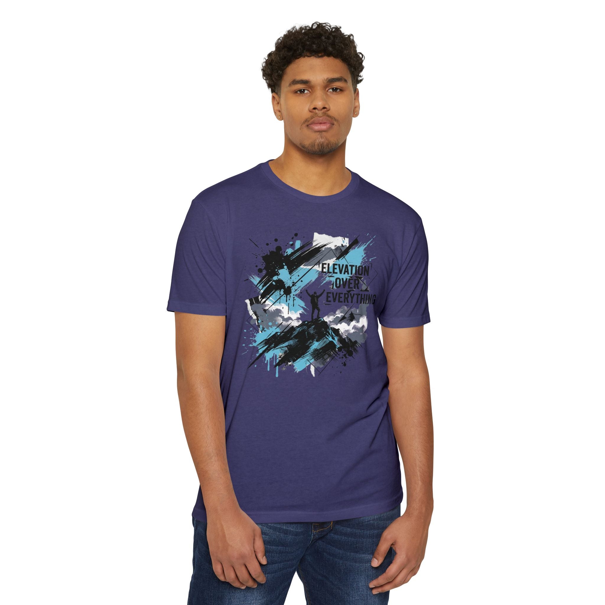 Purple crewneck T-shirt with mountain silhouette graphic on the front