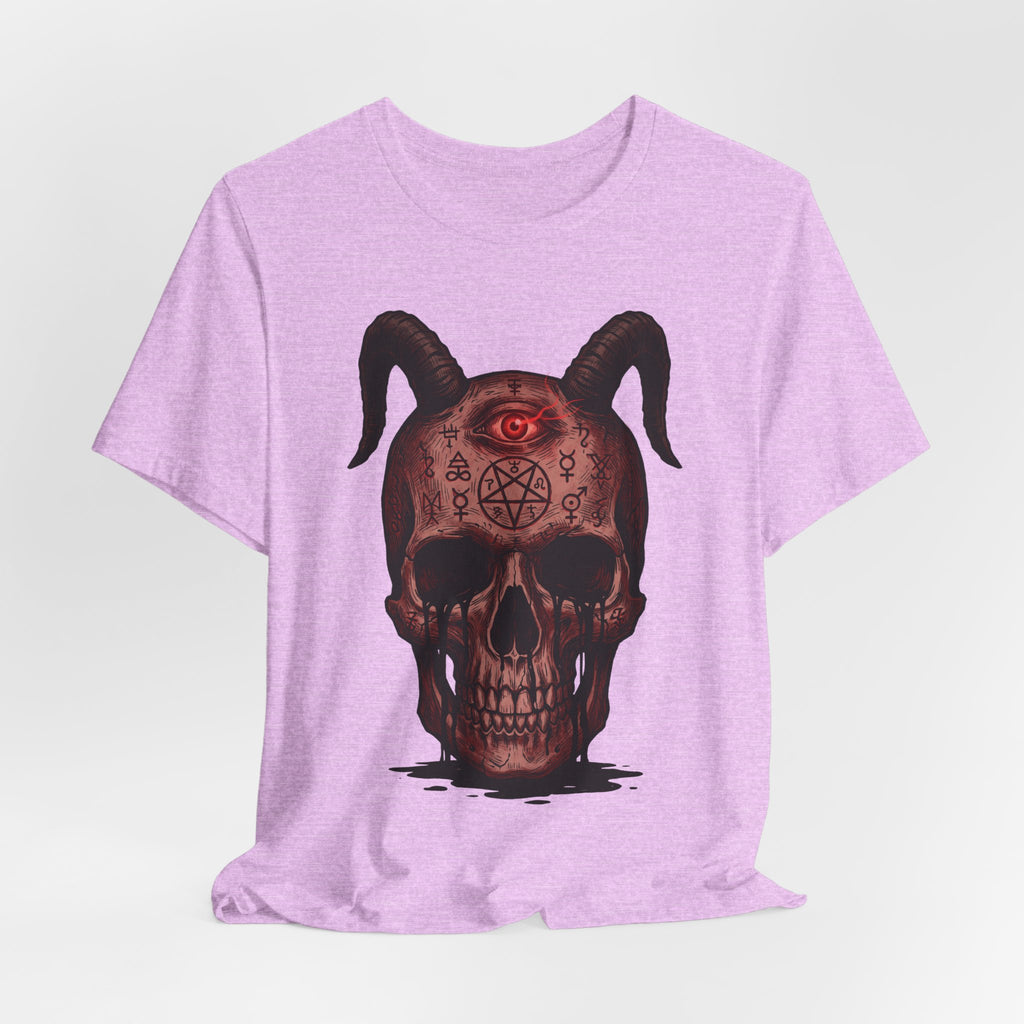 Third Eye demon skull T-shirt, lilac heather, front horned skull graphic