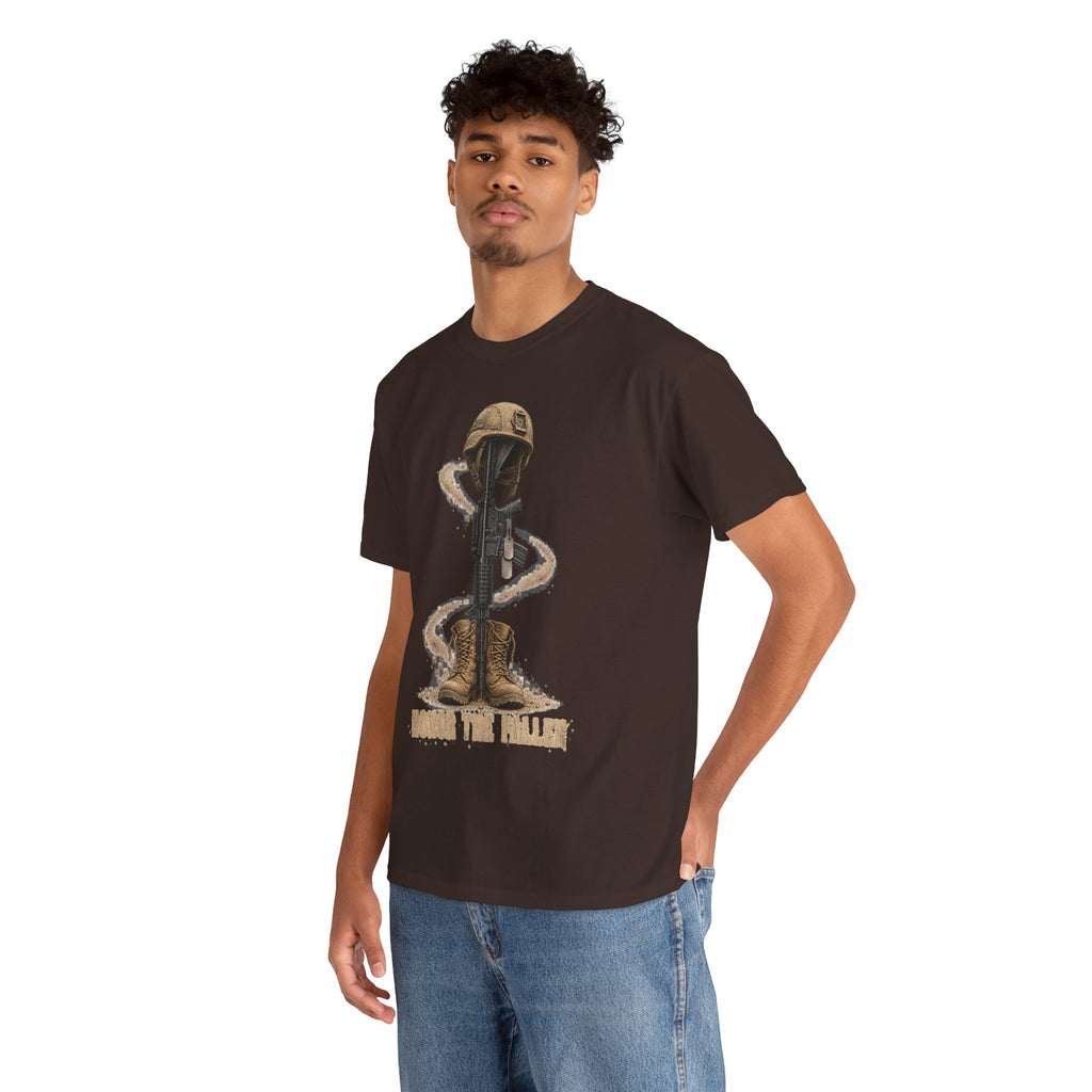 Dark brown T-shirt worn by model with distressed soldier helmet and rifle front graphic