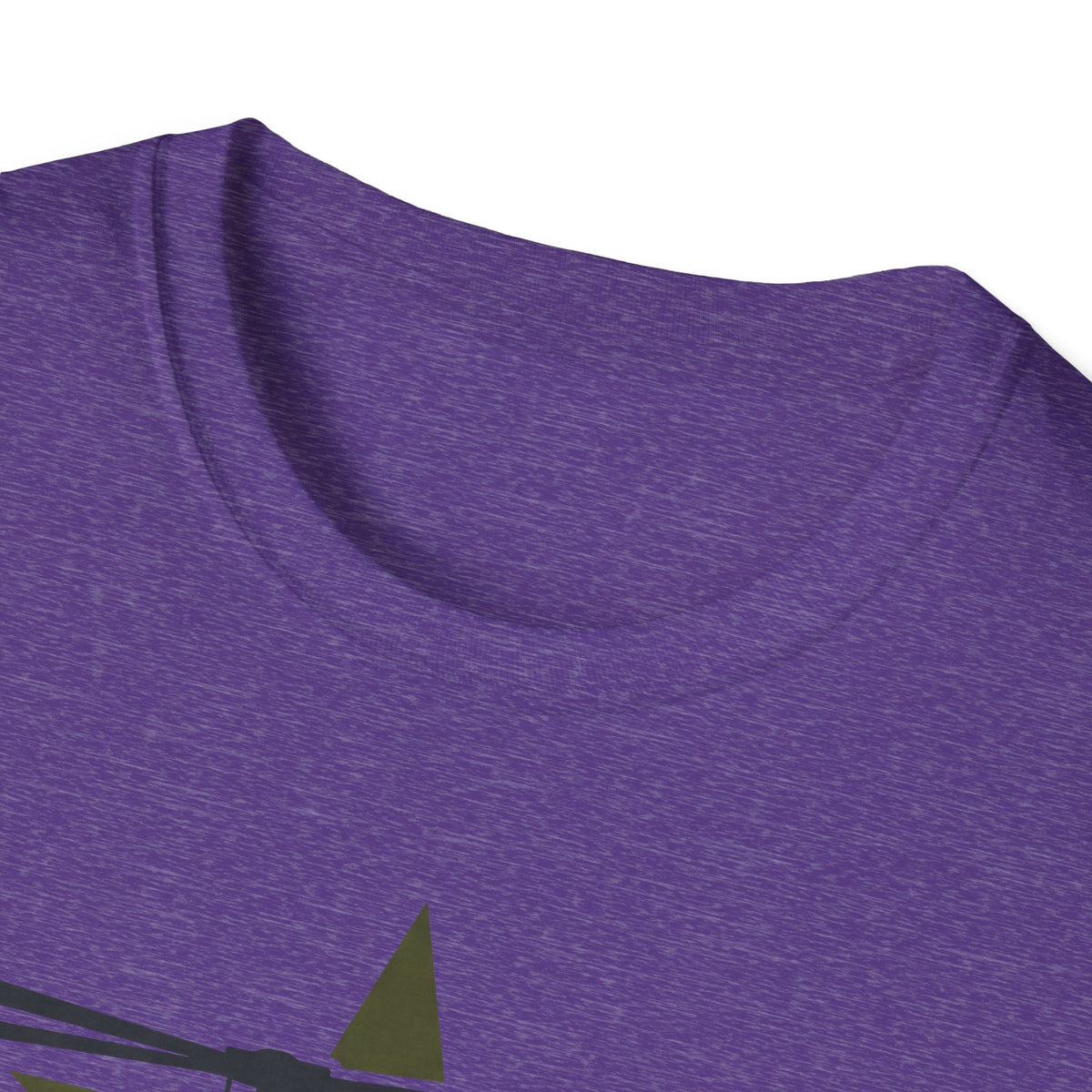 Crewneck t-shirt in purple with close-up of crew neckline and top shoulder seam