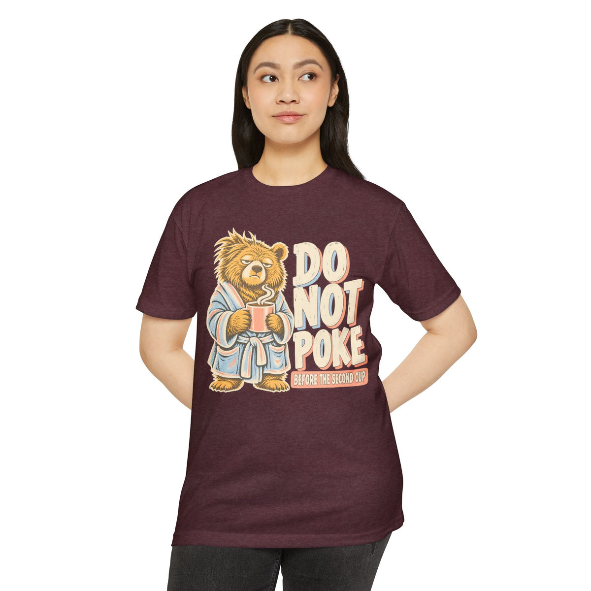 Maroon T-shirt with grumpy bear 'Do Not Poke' graphic
