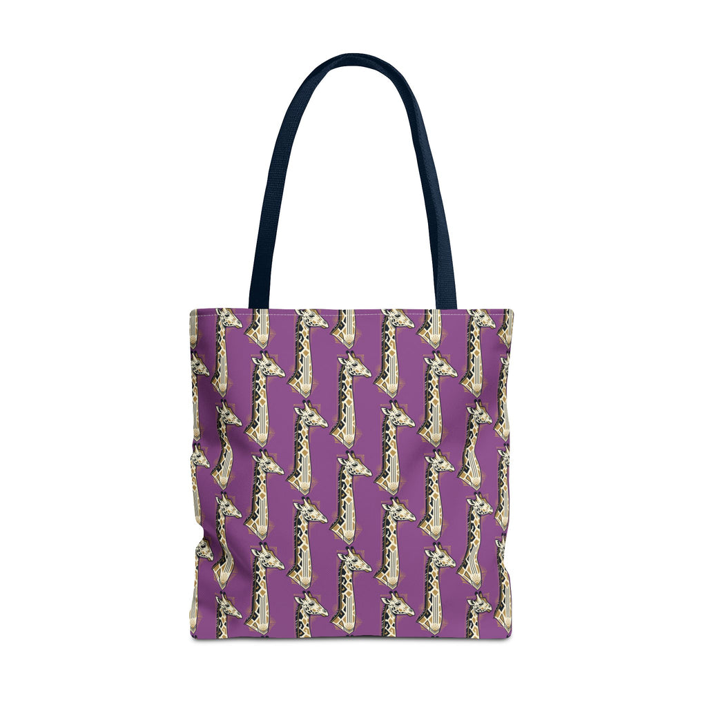 Purple tote bag with repeating saxophone pattern, deep navy top handles