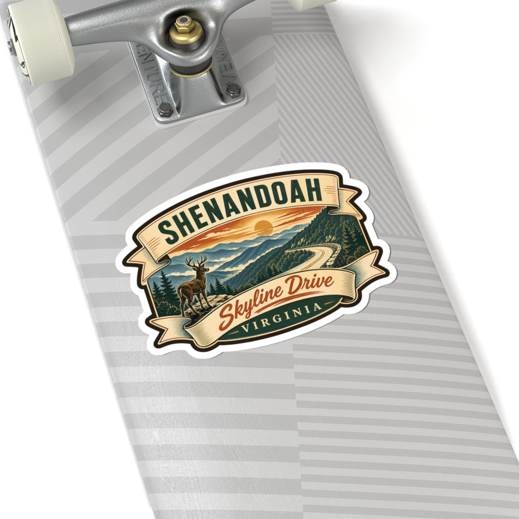 Shenandoah sticker on striped surface, featuring deer, mountain valley, Skyline Drive, Virginia