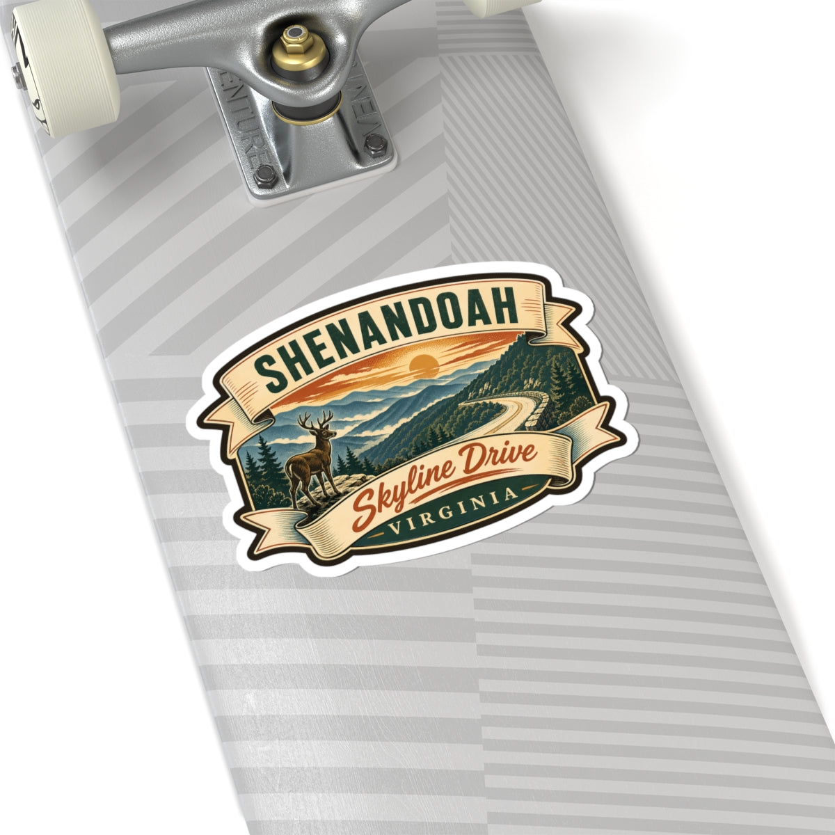 Shenandoah sticker on striped surface, featuring deer, mountain valley, Skyline Drive, Virginia