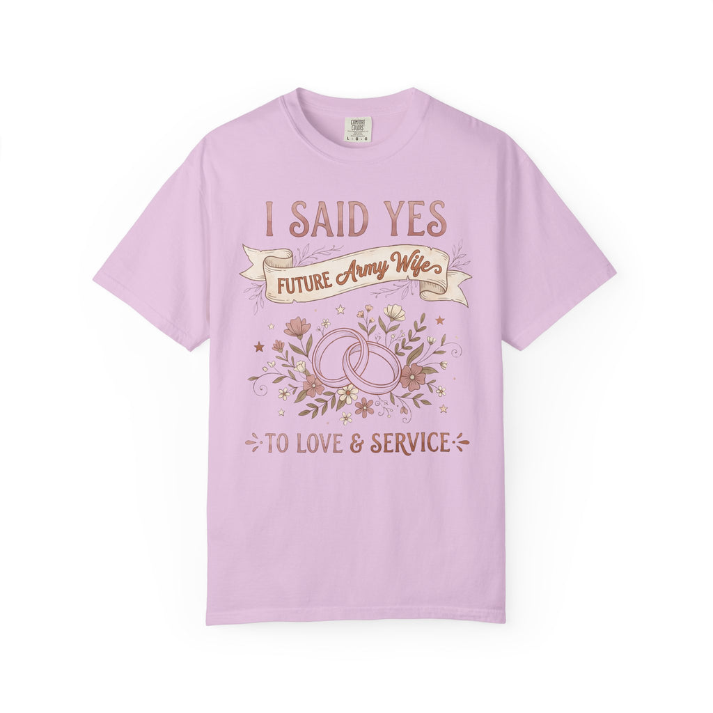 Lavender T-shirt with "I SAID YES" floral wedding rings and "Future Army Wife"