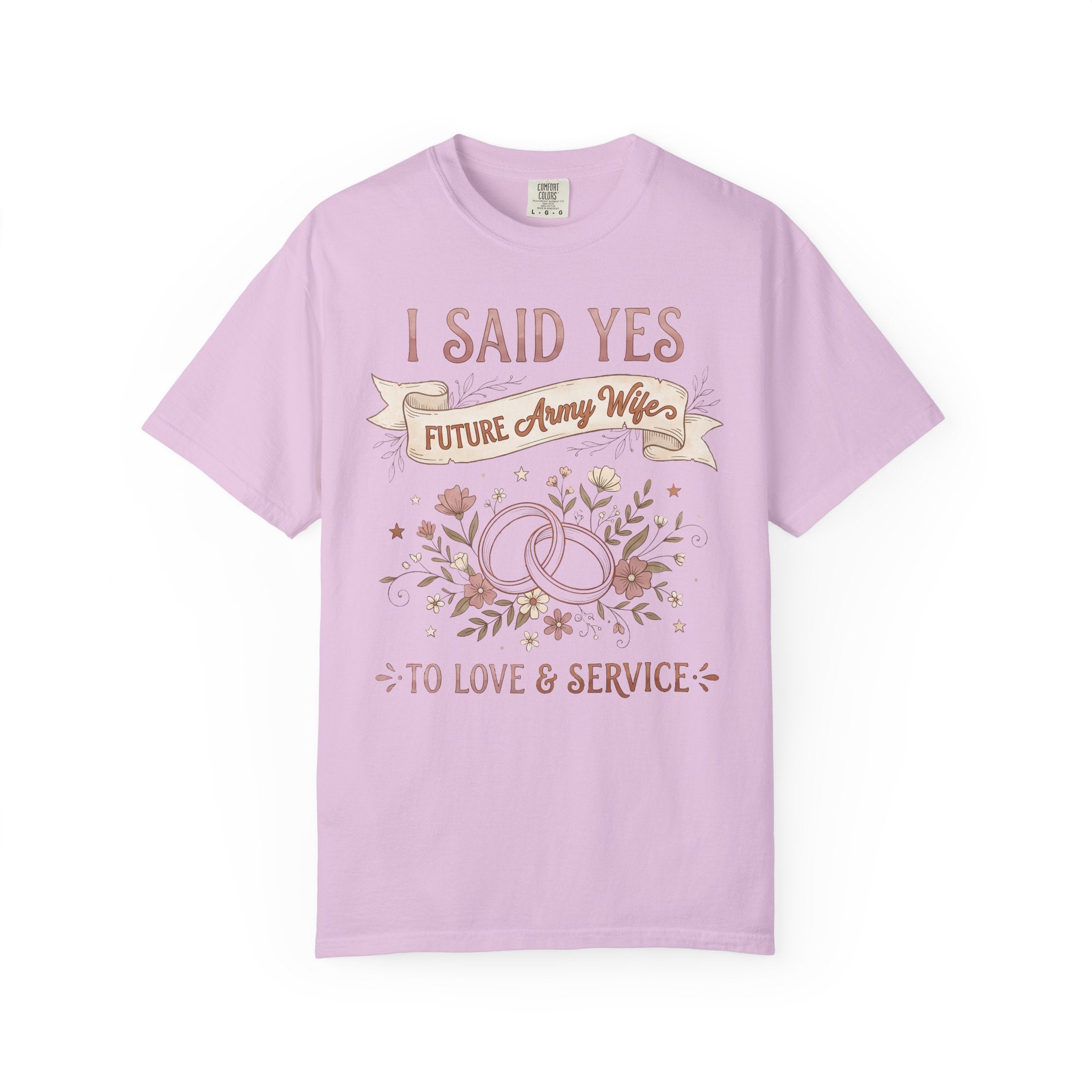 Lavender T-shirt with "I SAID YES" floral wedding rings and "Future Army Wife"