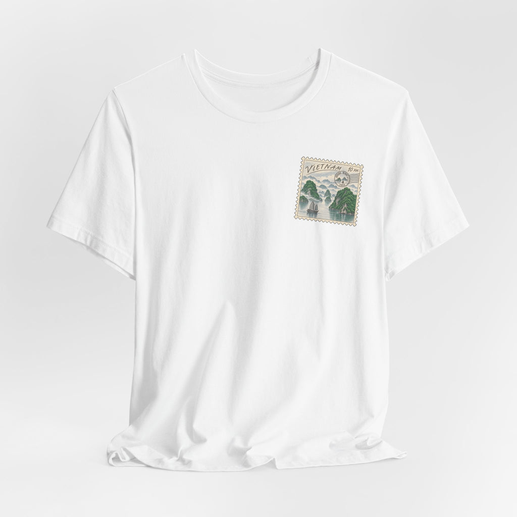 White short-sleeve T-shirt with small postage-stamp style graphic on the chest