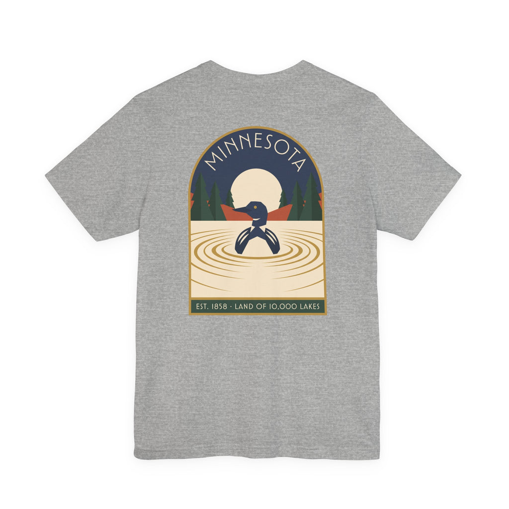Dark grey heather art deco T-shirt with Minnesota loon lake graphic emblem on front
