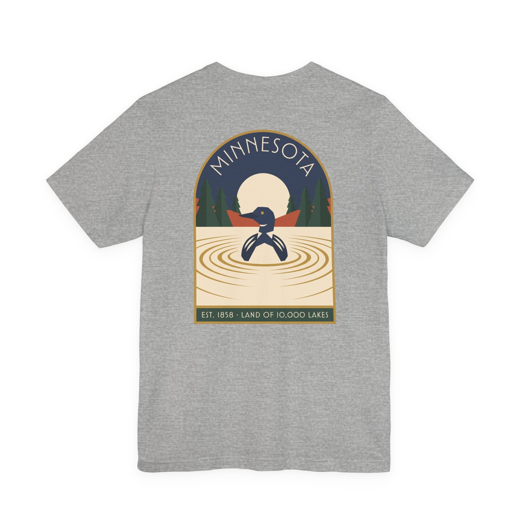 Dark grey heather art deco T-shirt with Minnesota loon lake graphic emblem on front