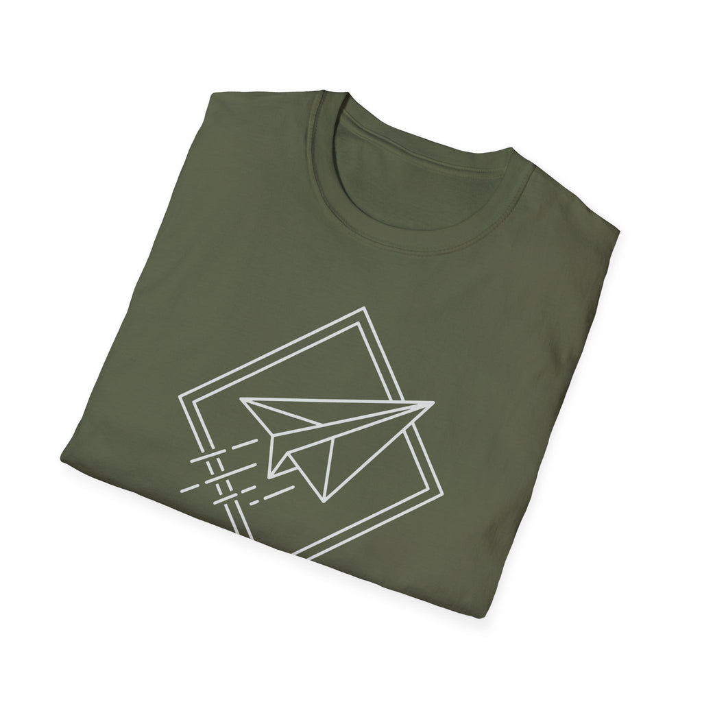Olive green T-shirt with white paper airplane line-art graphic on the chest