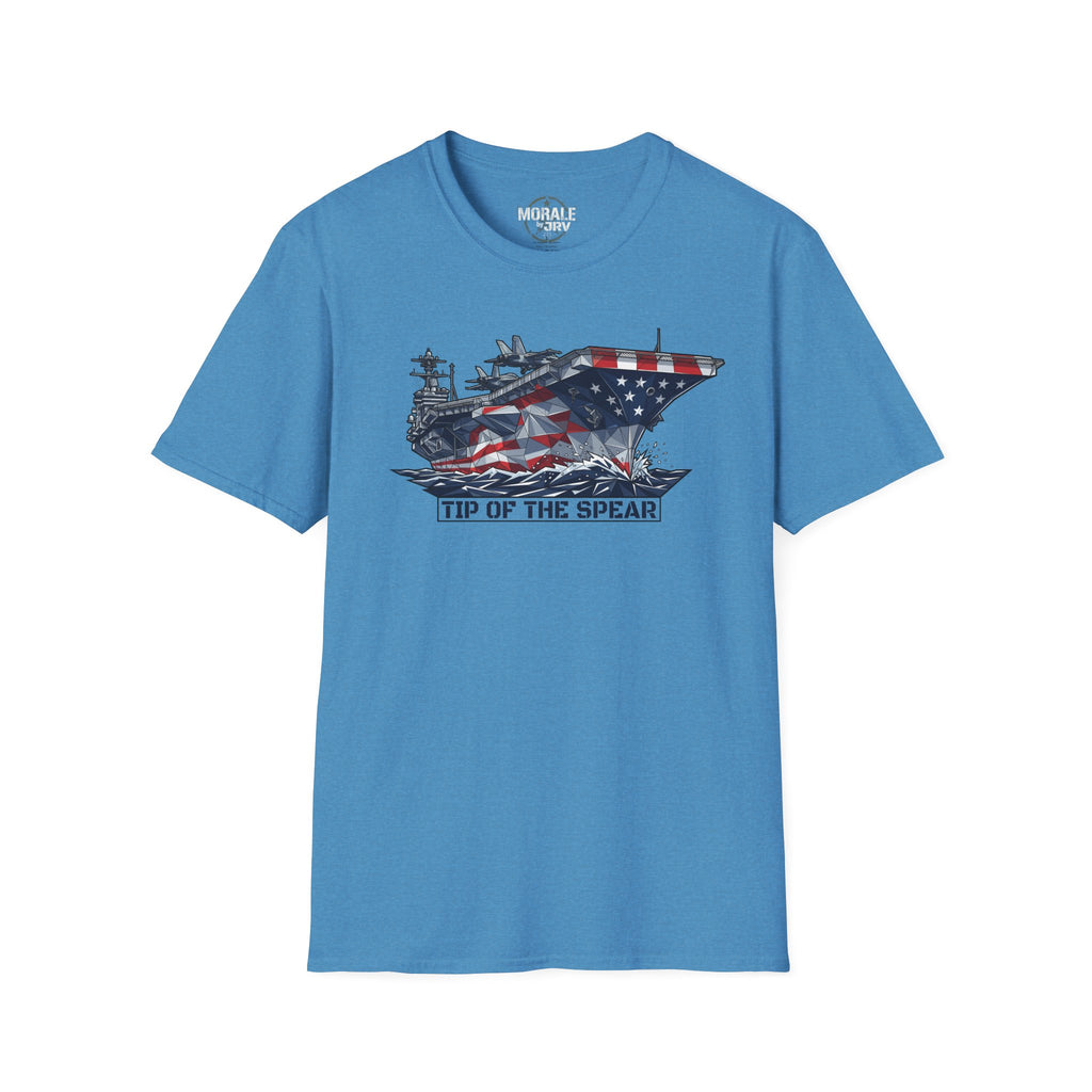 Heather Sapphire T-Shirt mit „Tip of the Spear“-Grafik: Flugzeugträger mit US-Flagge