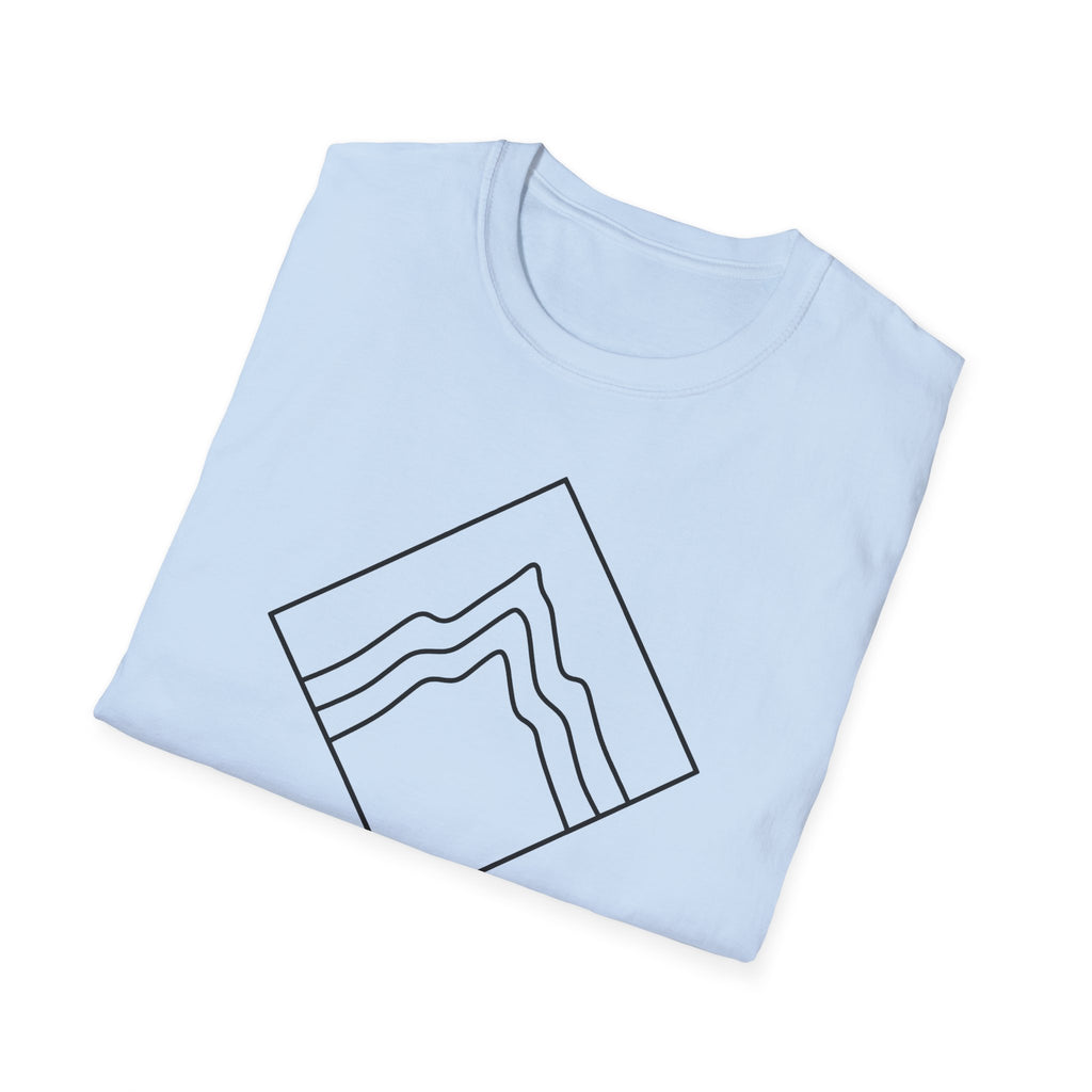 Light blue T-shirt with black outline mountain and topographic lines graphic