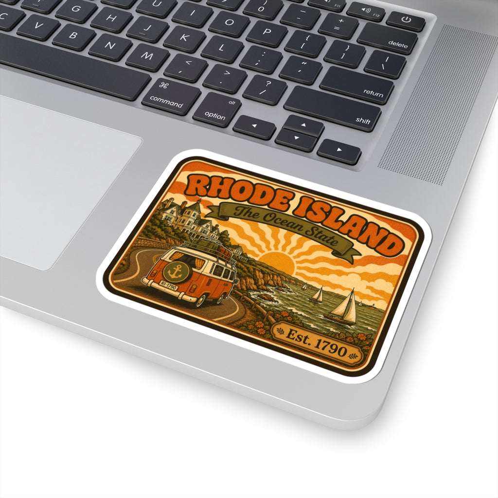 Rhode Island sticker on laptop, rounded white border, sailboats and Est. 1790