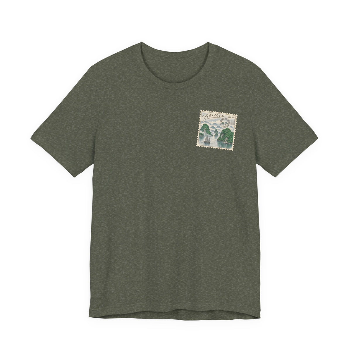 Charcoal gray travel t-shirt with small vintage postage stamp-style Ha Long Bay graphic on chest.