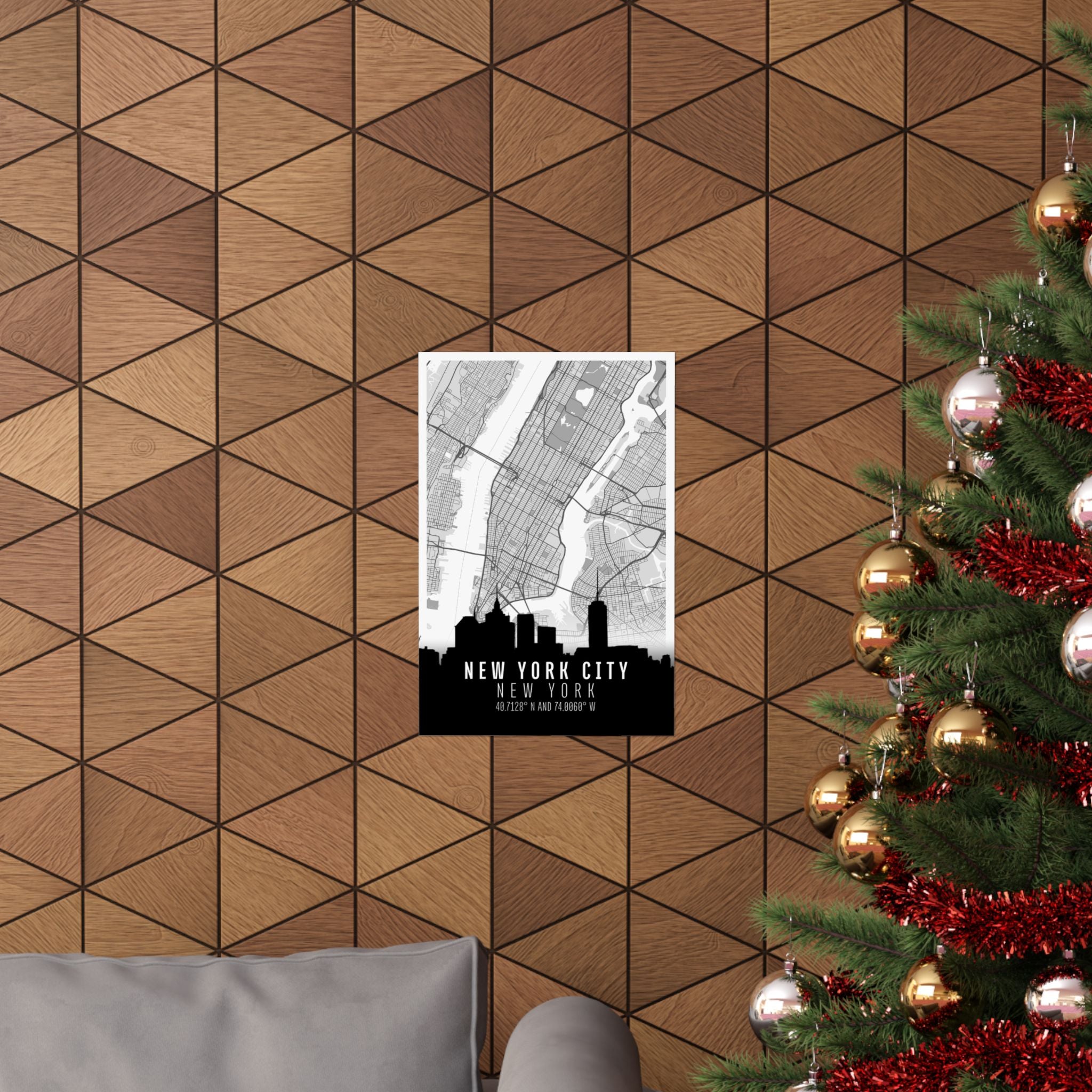 New York City skyline map poster on wall, “NEW YORK CITY” and coordinates