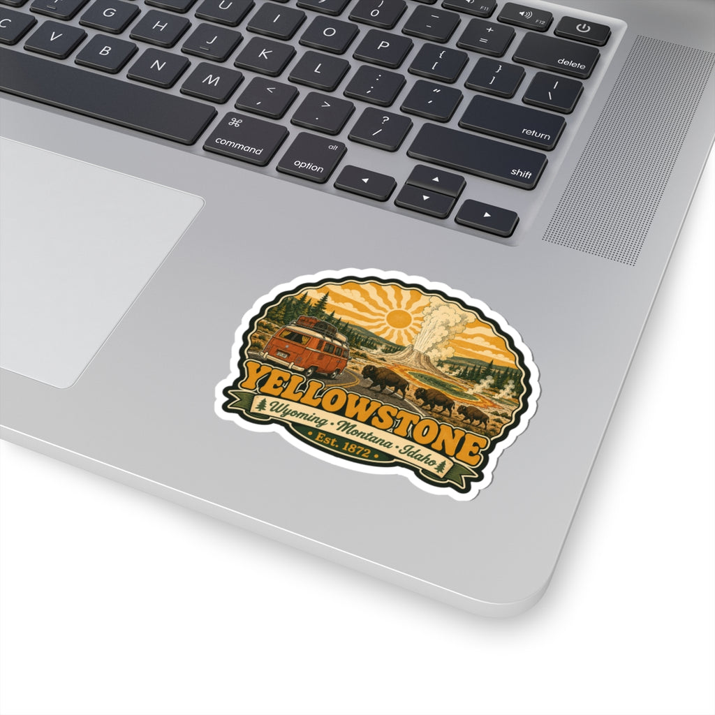 Yellowstone sticker: vintage bus and bison scene with geyser plume, sun, and Est. 1872