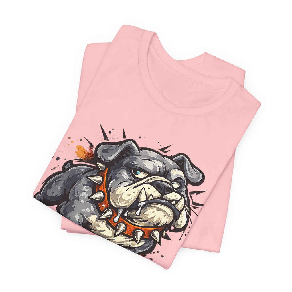 Light pink unisex tee with fierce cartoon bulldog head graphic
