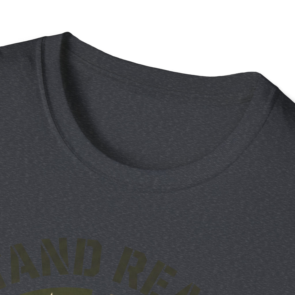 Dark gray crew-neck t-shirt with partial printed arched “STAND READY” text