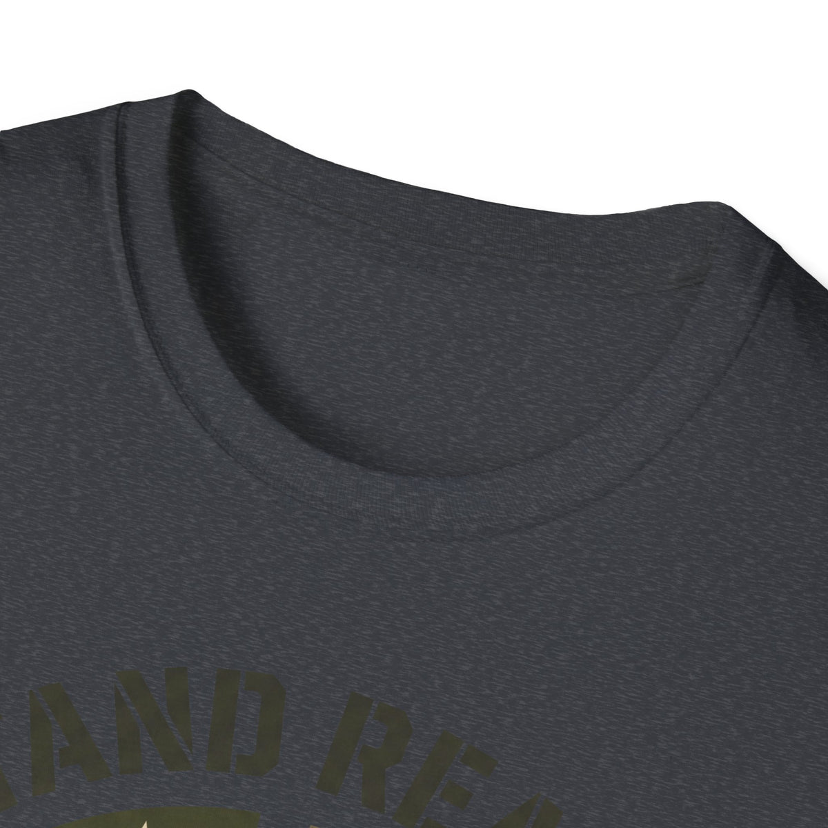 Dark gray crew-neck t-shirt with partial printed arched “STAND READY” text