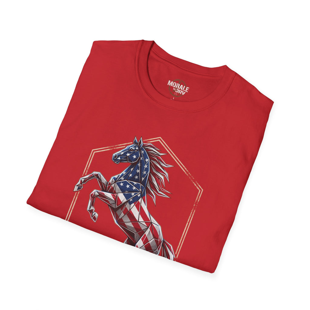 Red American flag horse graphic T-shirt, front view with crew neck logo
