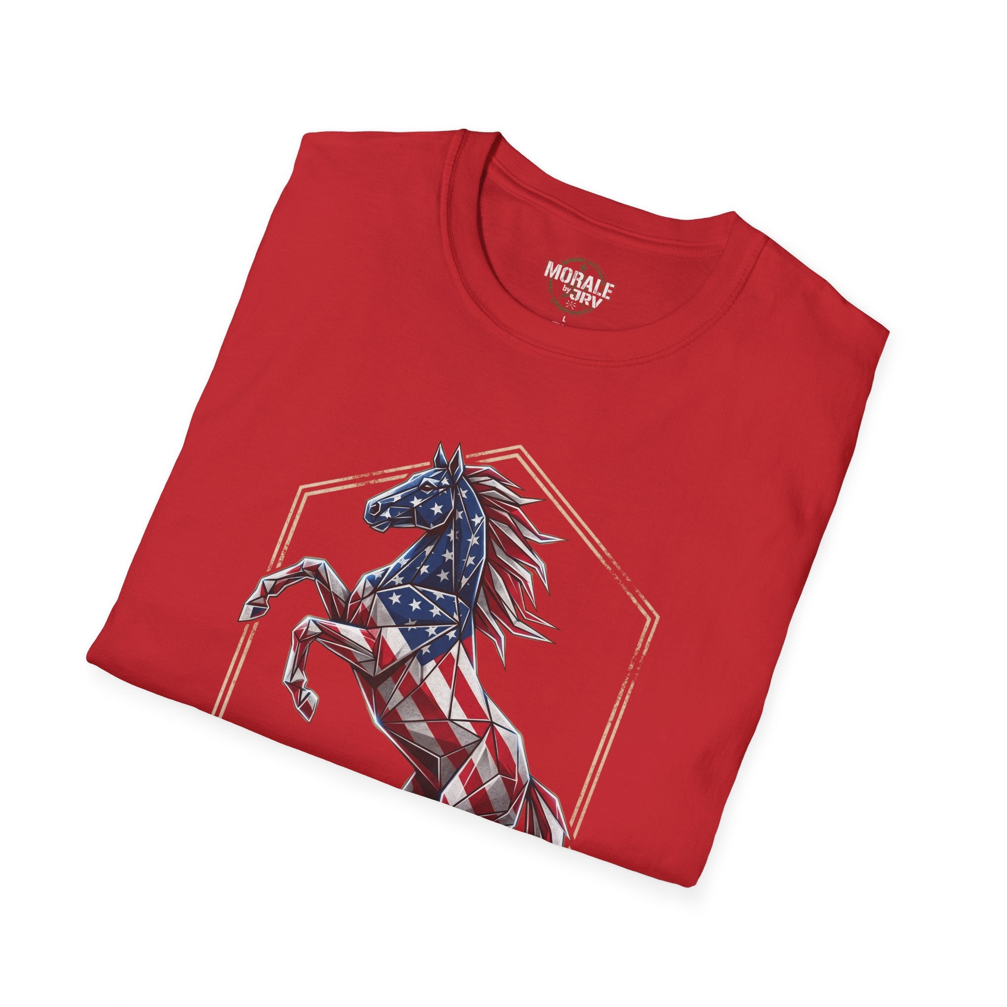 Red American flag horse graphic T-shirt, front view with crew neck logo