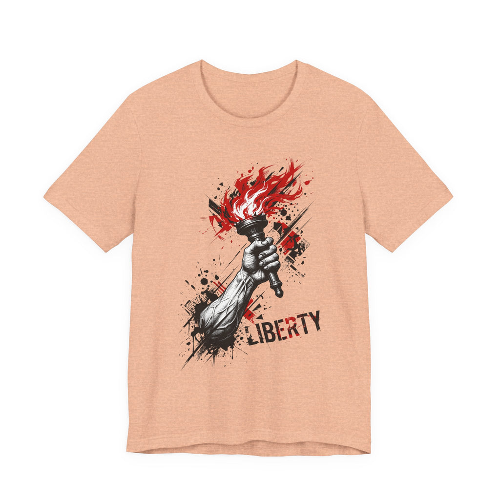 Sand crewneck T-shirt with flaming torch statue graphic and distressed “LIBERTY” text