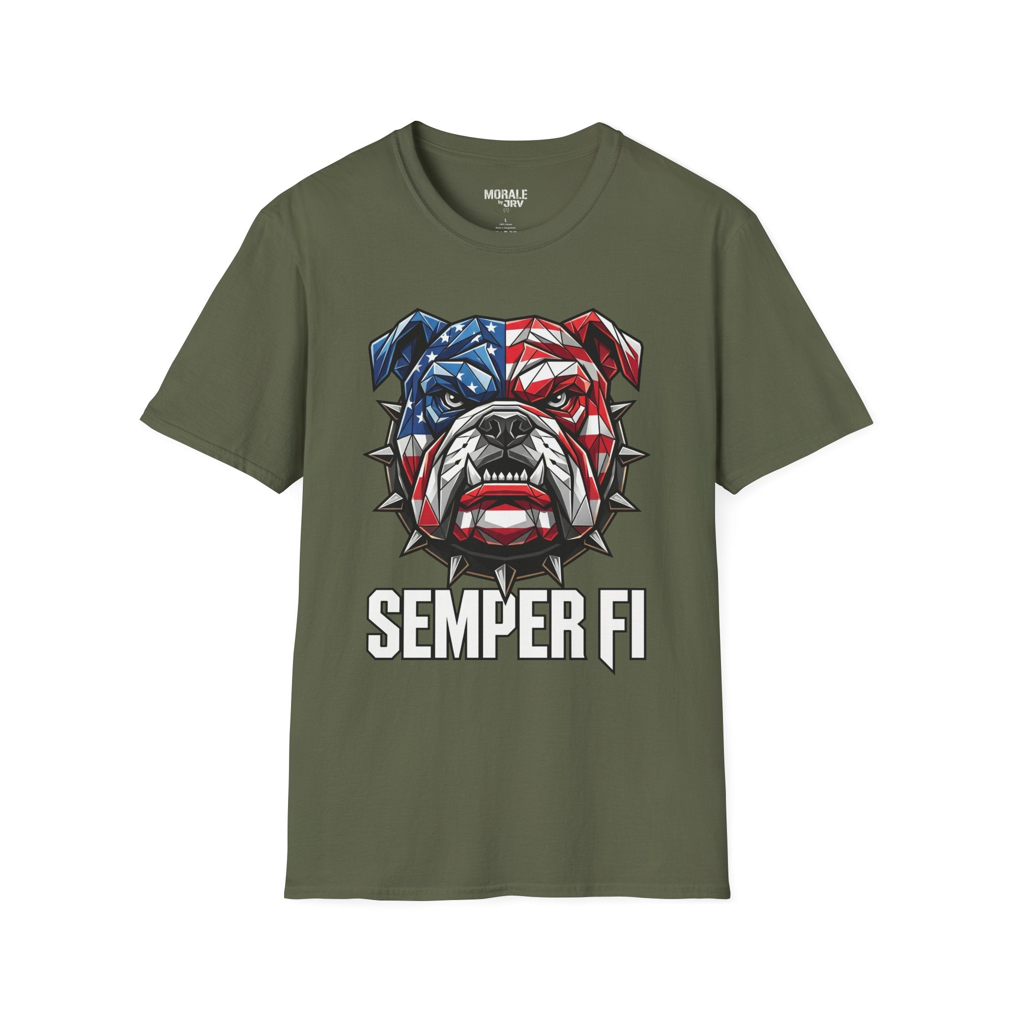 Military green Semper Fi bulldog T-shirt with American flag head design
