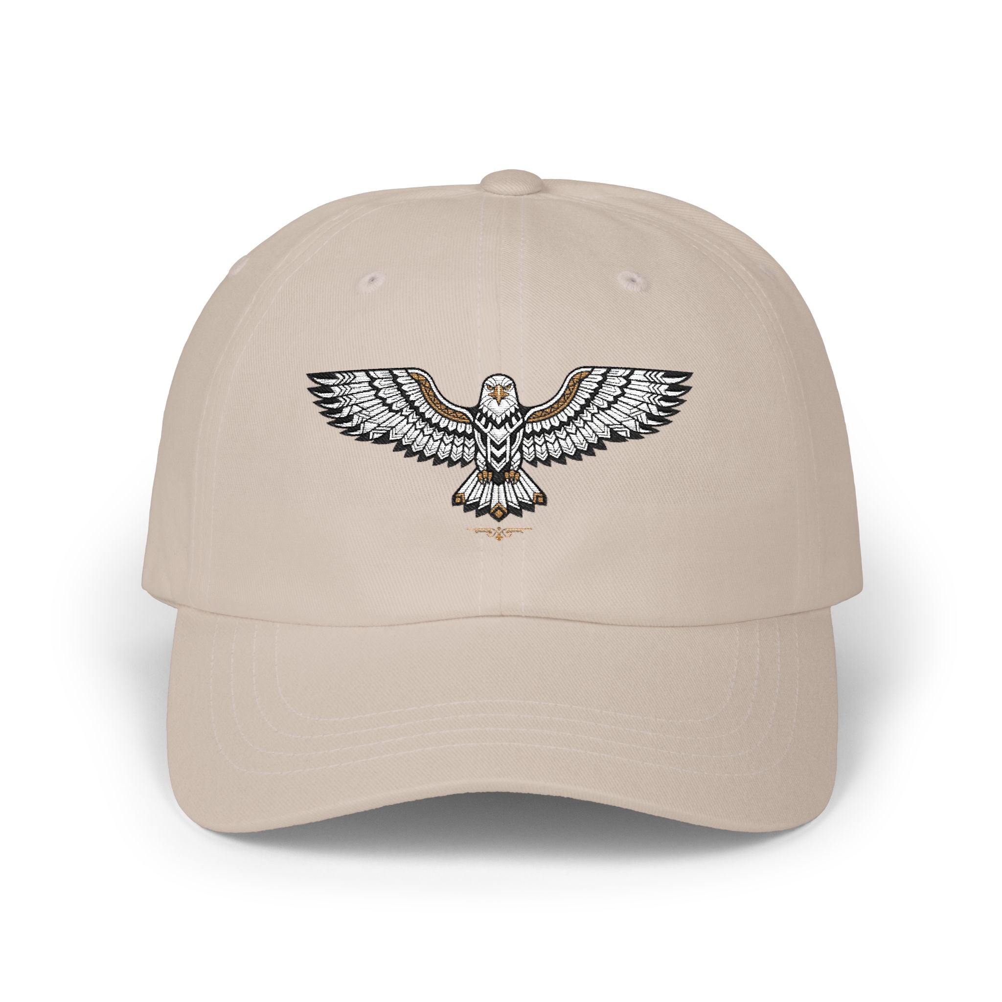 Beige baseball cap with embroidered eagle emblem on the front