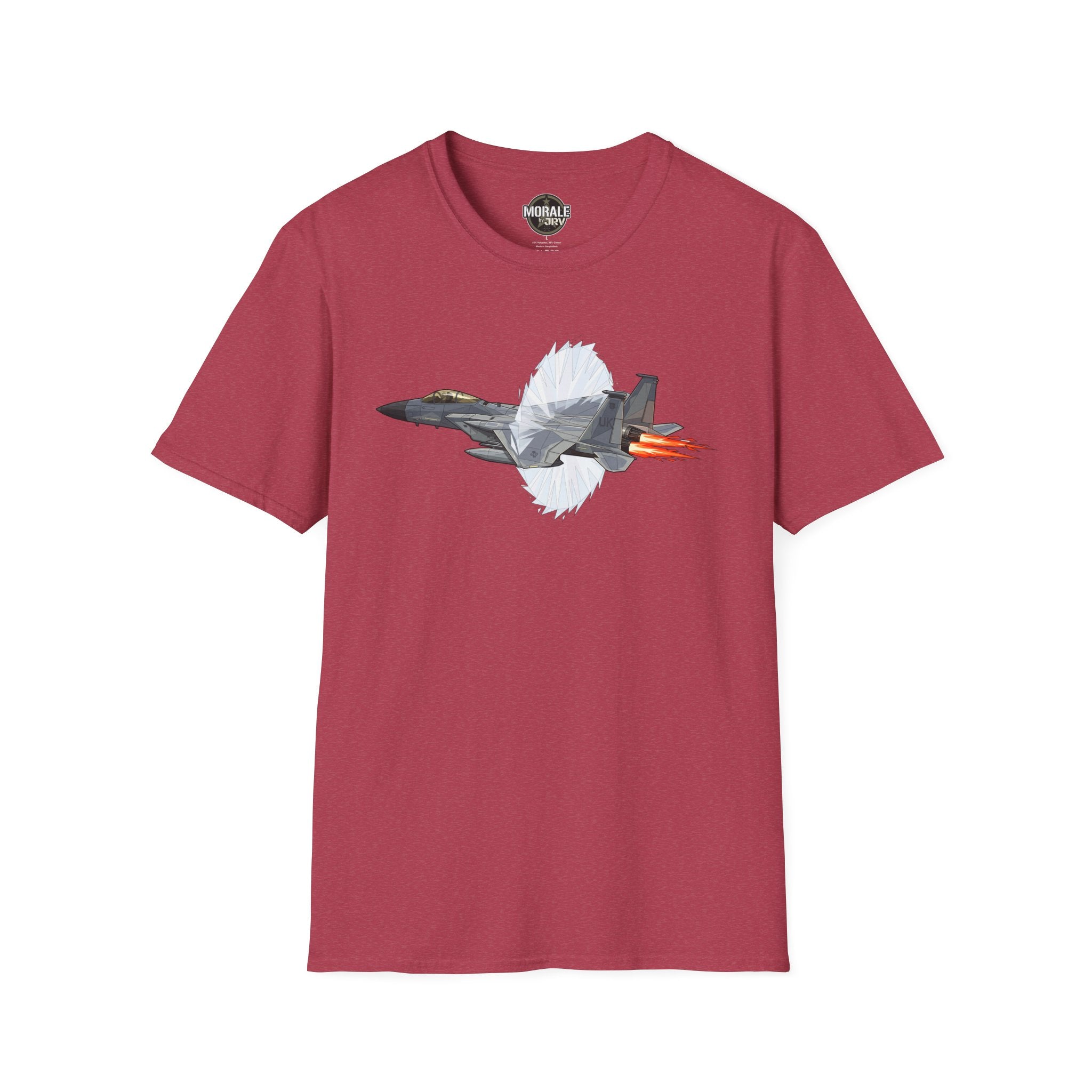 Burgundy T-shirt with fighter jet afterburner graphic and red-orange flame detail