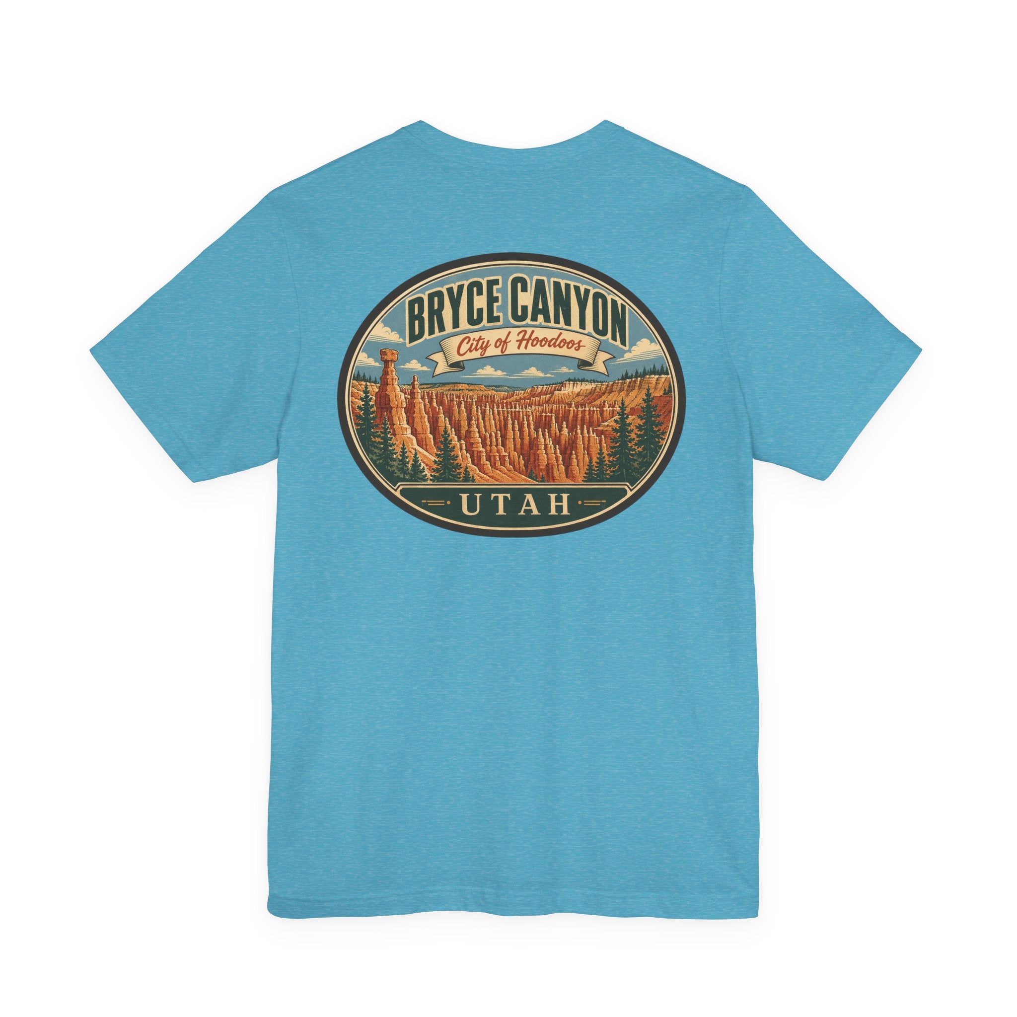 Light blue short-sleeve T-shirt with large centered circular Bryce Canyon UTAH graphic.
