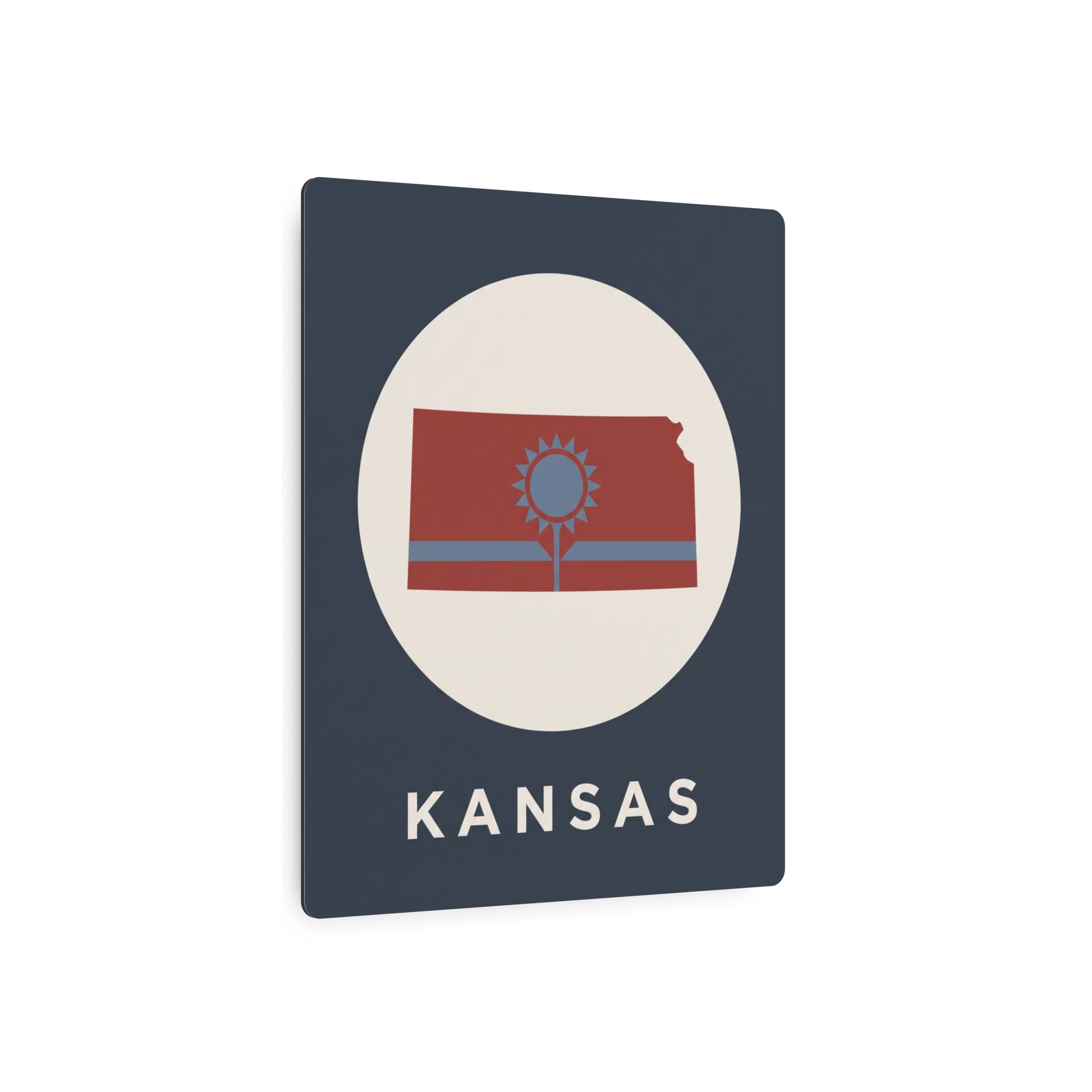 Kansas metal wall sign with oval logo, flag tree icon, and KANSAS lettering