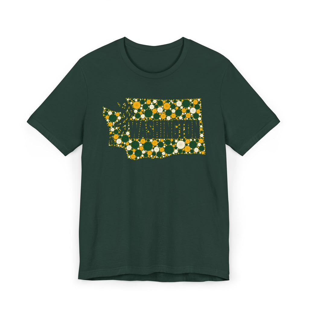 Dark green T-shirt with dotted Washington outline floral graphic in green and gold
