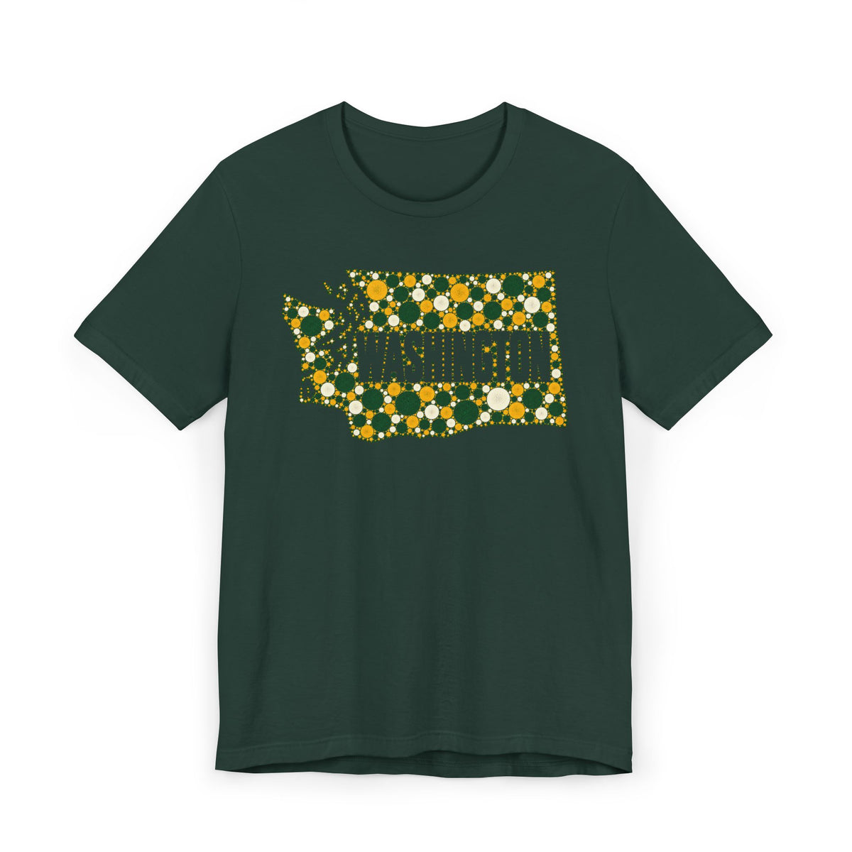 Dark green T-shirt with dotted Washington outline floral graphic in green and gold