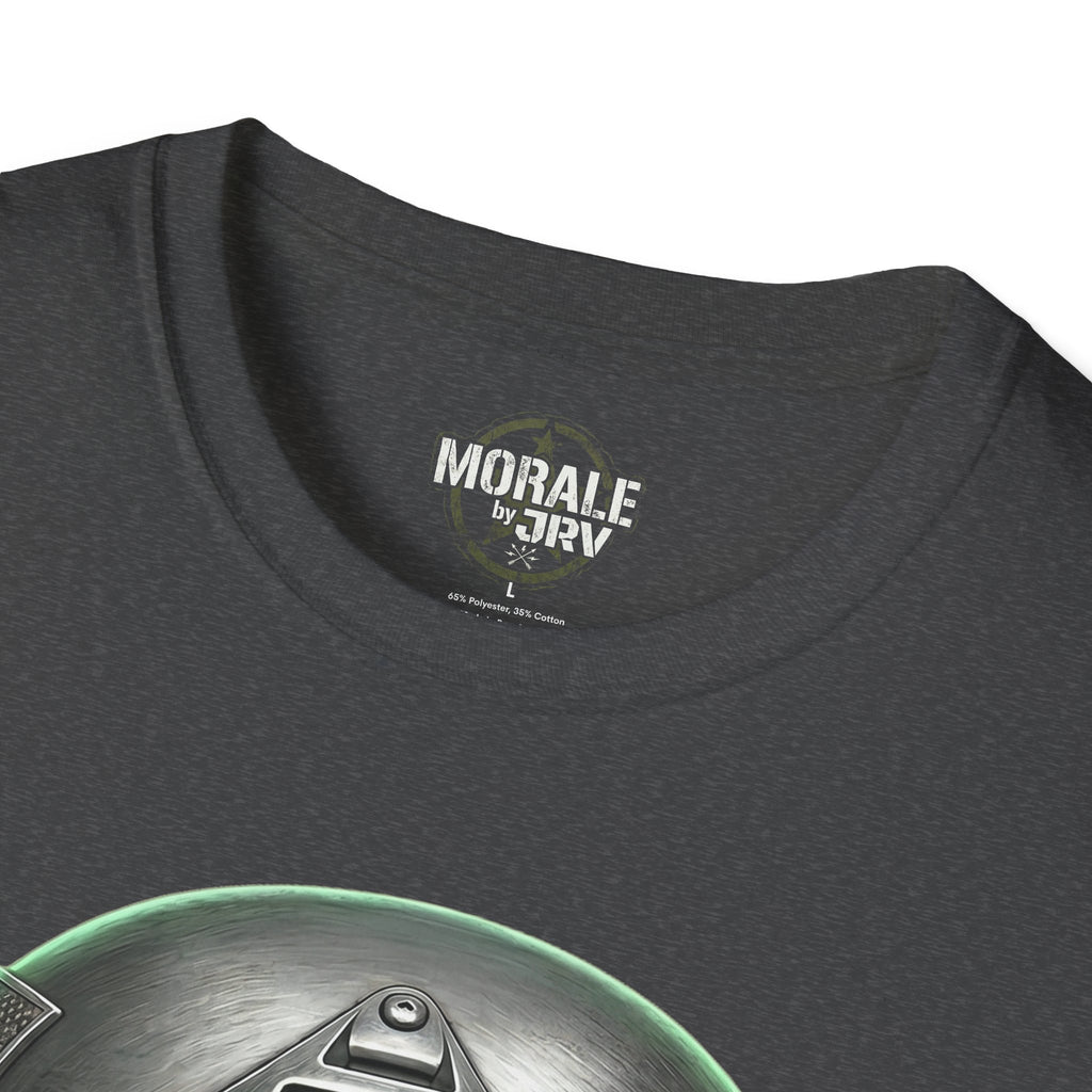 Dark Heather crew neck with small brand logo at the collar