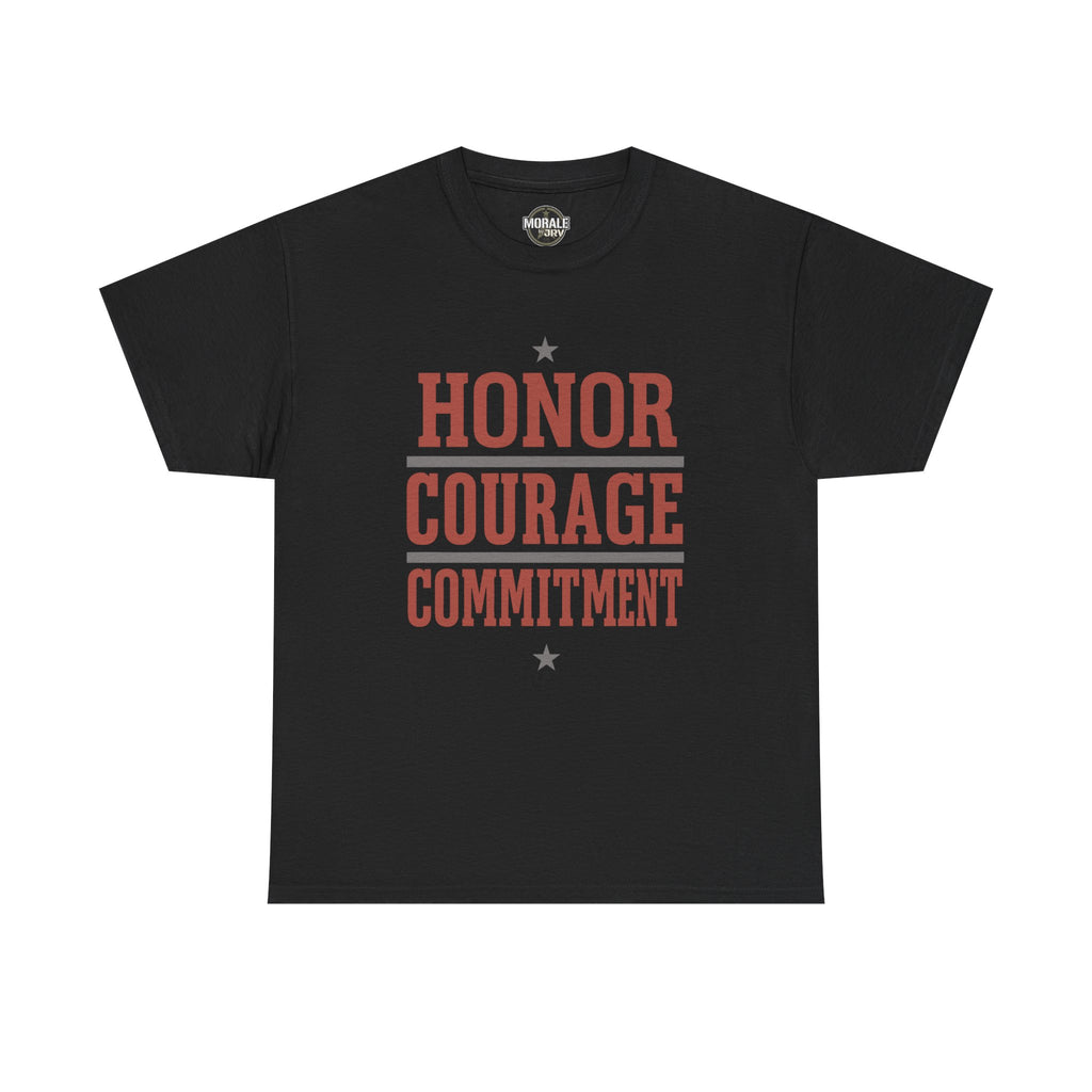 Black crew-neck T-shirt with HONOR COURAGE COMMITMENT graphic and stars