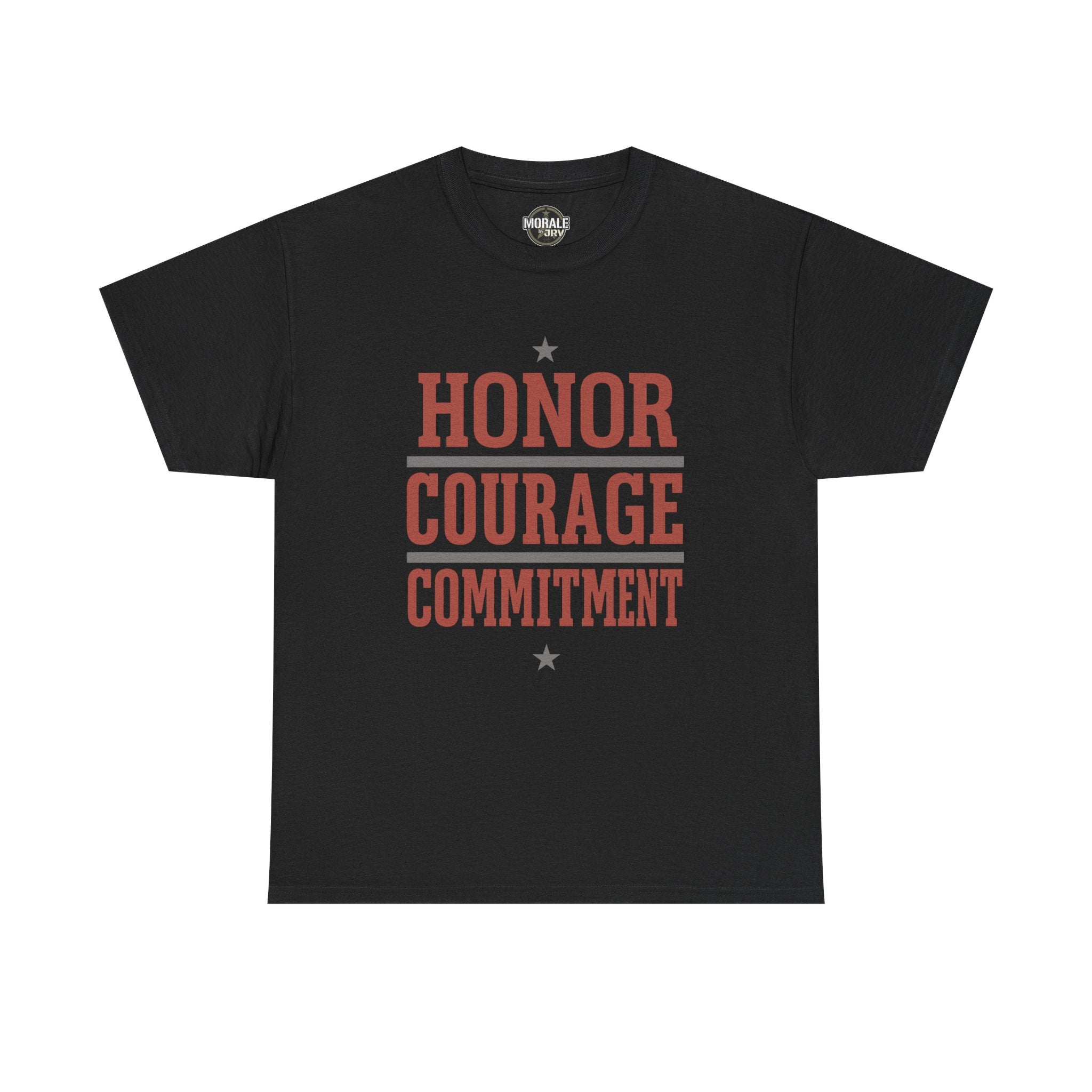 Black crew-neck T-shirt with HONOR COURAGE COMMITMENT graphic and stars