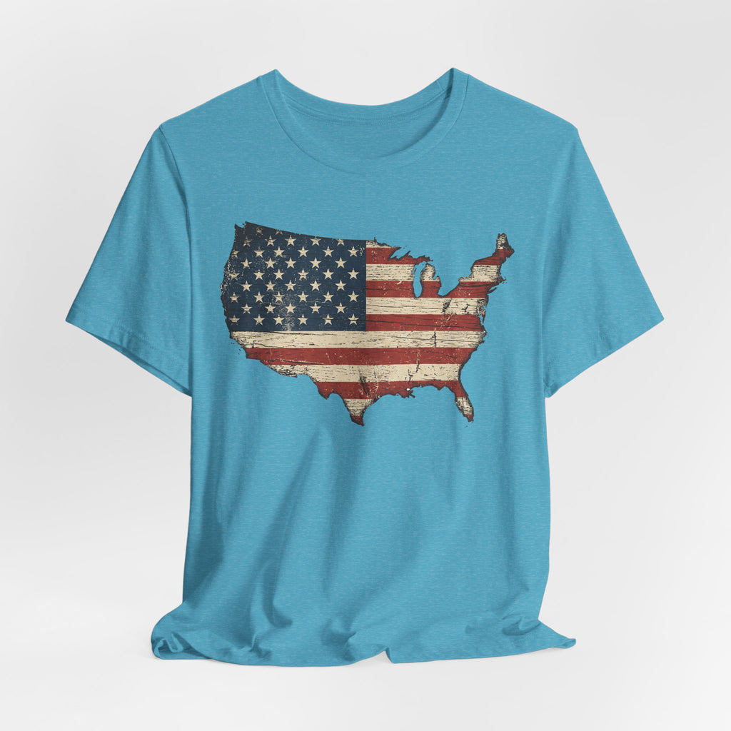 Aqua blue T-shirt with distressed American flag USA map graphic at center, crew neck
