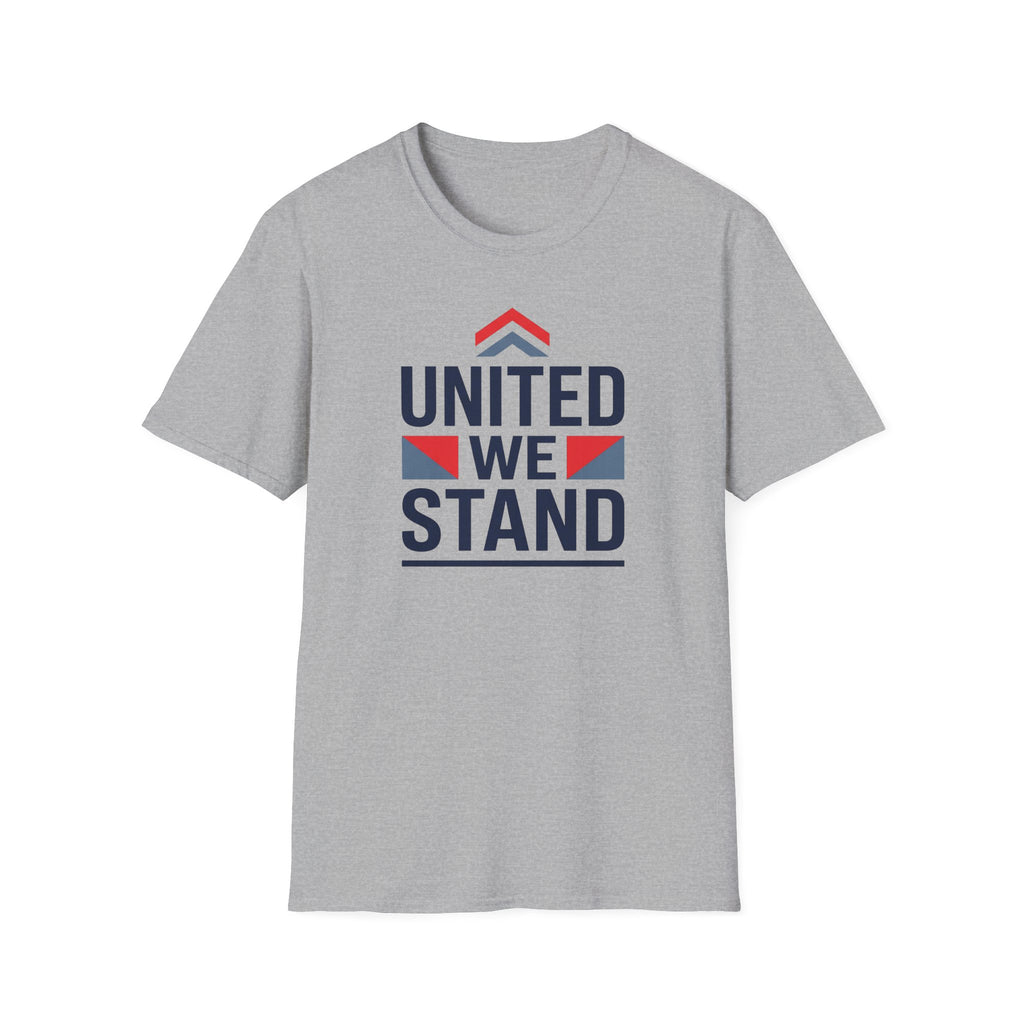 Gray crewneck T-shirt with 'United We Stand' patriotic graphic on front