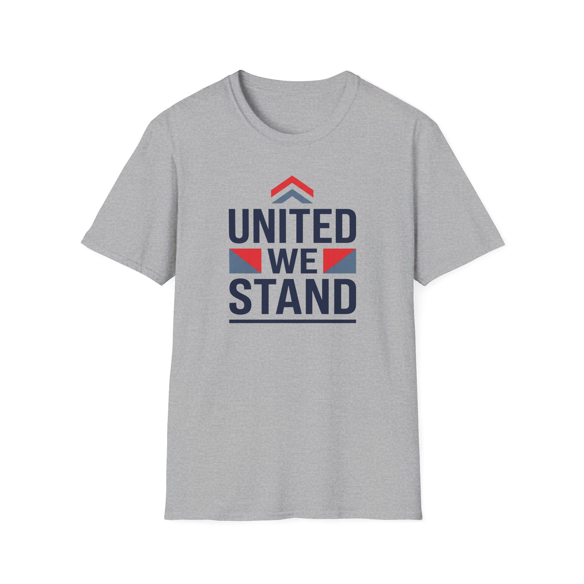 Gray crewneck T-shirt with 'United We Stand' patriotic graphic on front